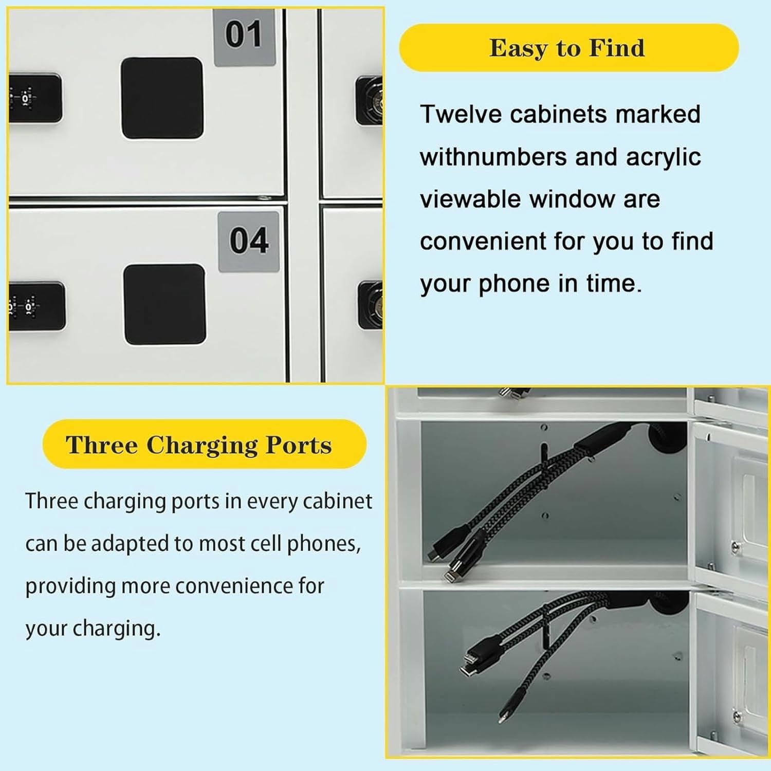 12-Bay Mobile Phone Locker with 3-in-1 Charging Station, Secure Cabinet with Dual Locks for Schools and Workplaces
