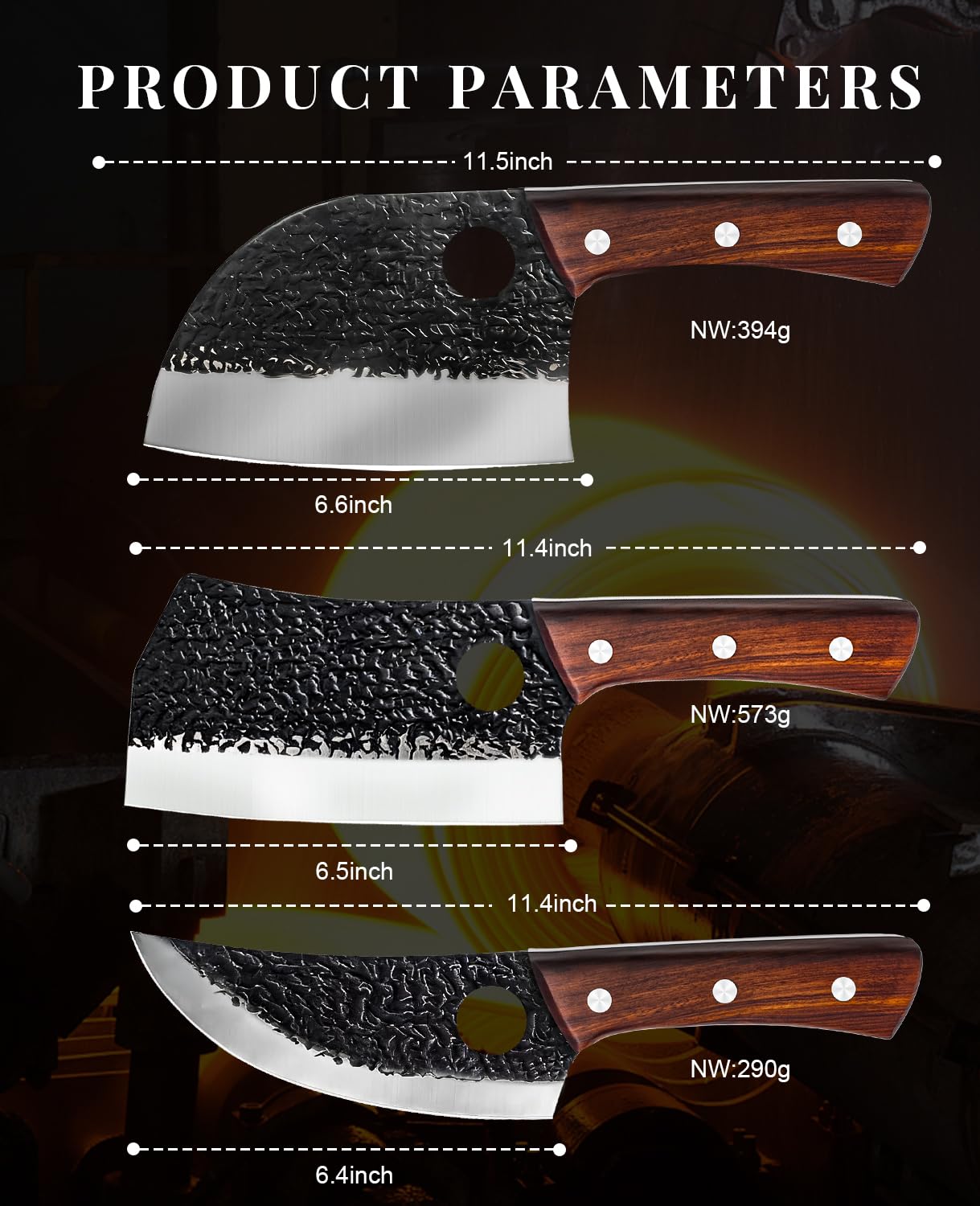 MOSFiATA Set 3 Coltelli da Macellaio, Insieme di Coltelli Serbi in Acciaio ad Alto Tenore di Carbonio per Carne, Dotato di Pratica Borsa Porta Utensili Portatile, Regalo Perfetto per Ogni Occasione