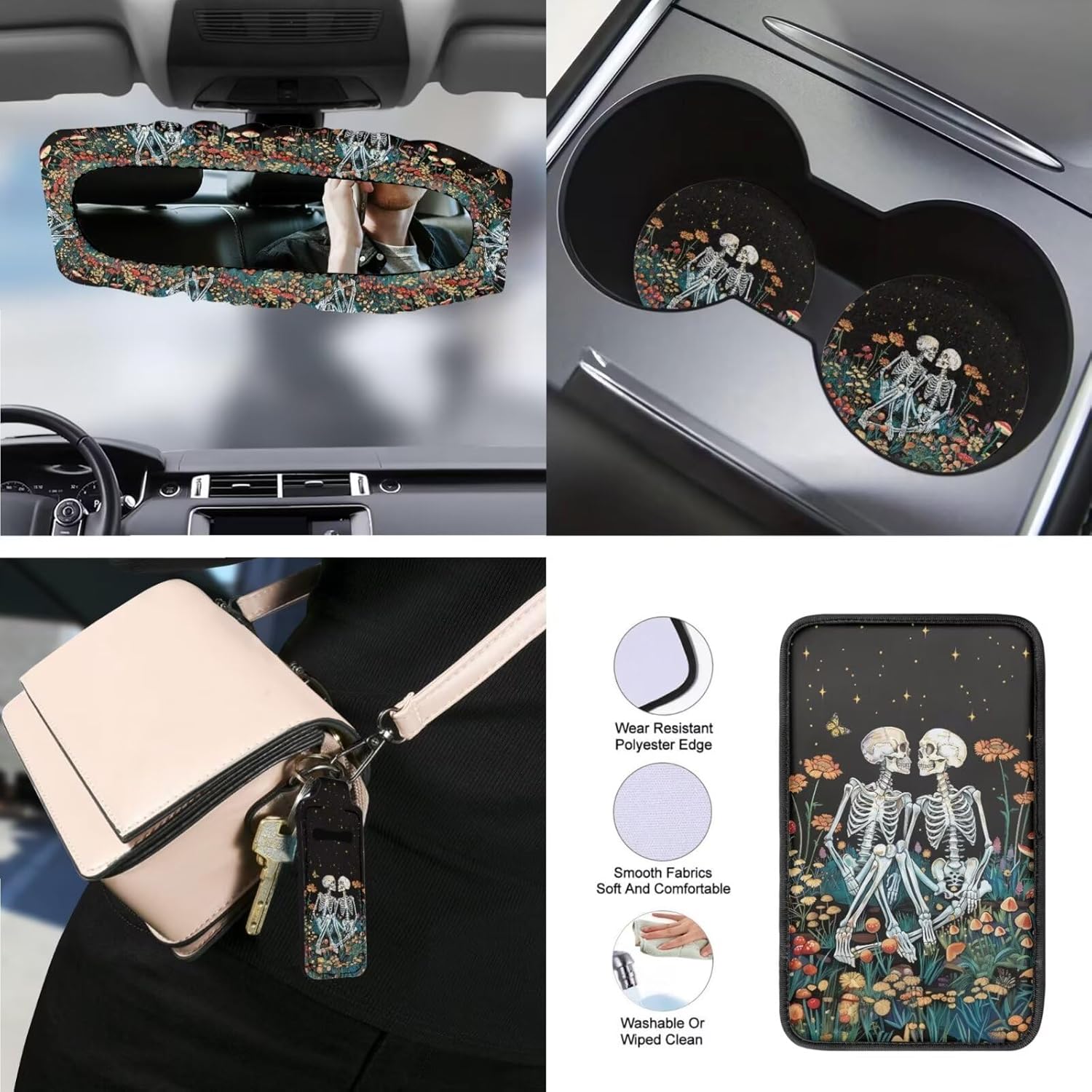 Skull Flower Print 15 Pcs Car Interior Cover Sets, Car Front Rear Seat Cover with Steering Wheel Cover Armrest Cover Seat Belt Cover Car Rear View Mirror Cover Headrest Cover Coaster Keychain