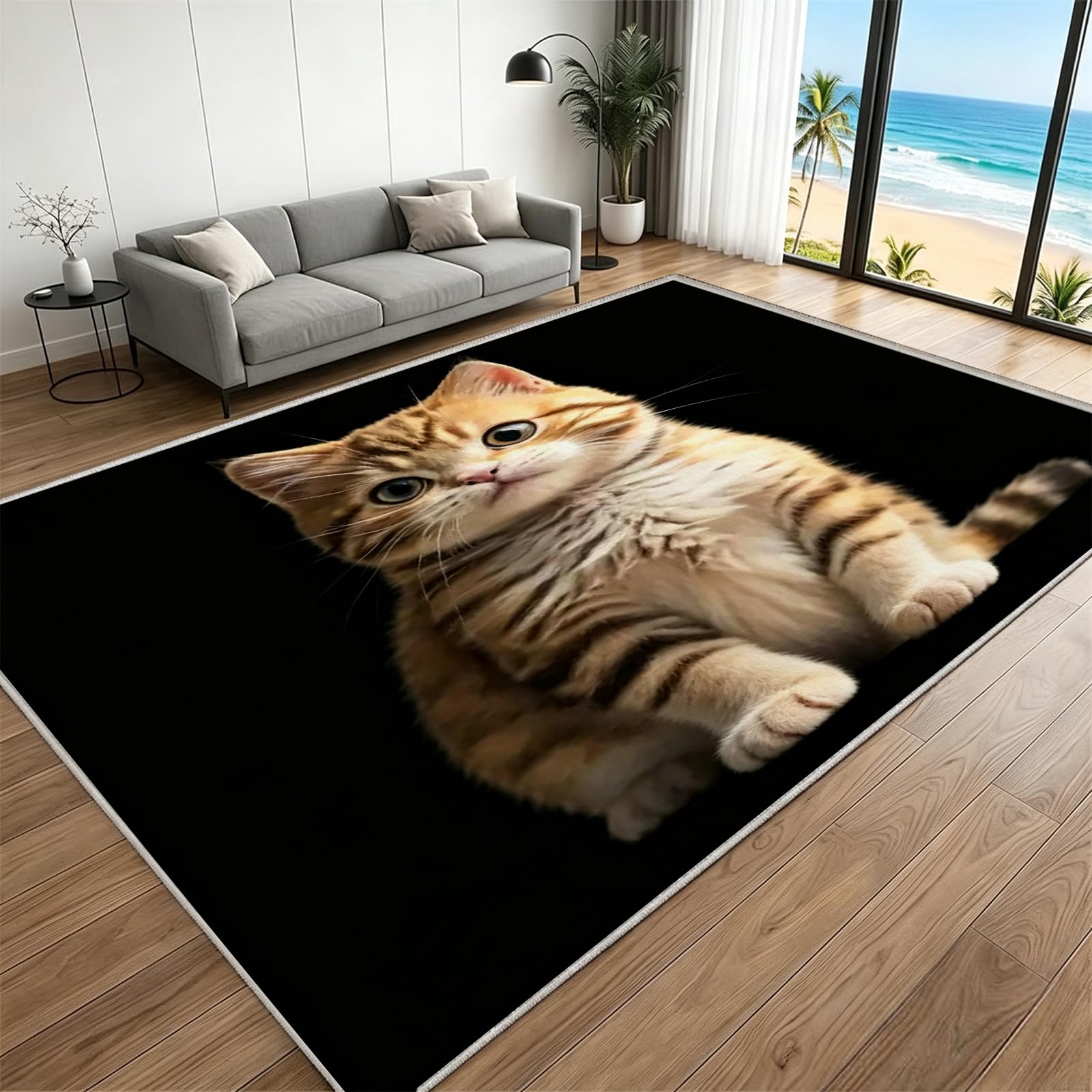 Chat Orange Tapis 150x210 cm Chaton Tigré Mignon Moquette Antiderapant à Poils Courts Tapis 3D Lavable en Machine Convient aux Grands Salons Salles à Manger et Chambres c-17
