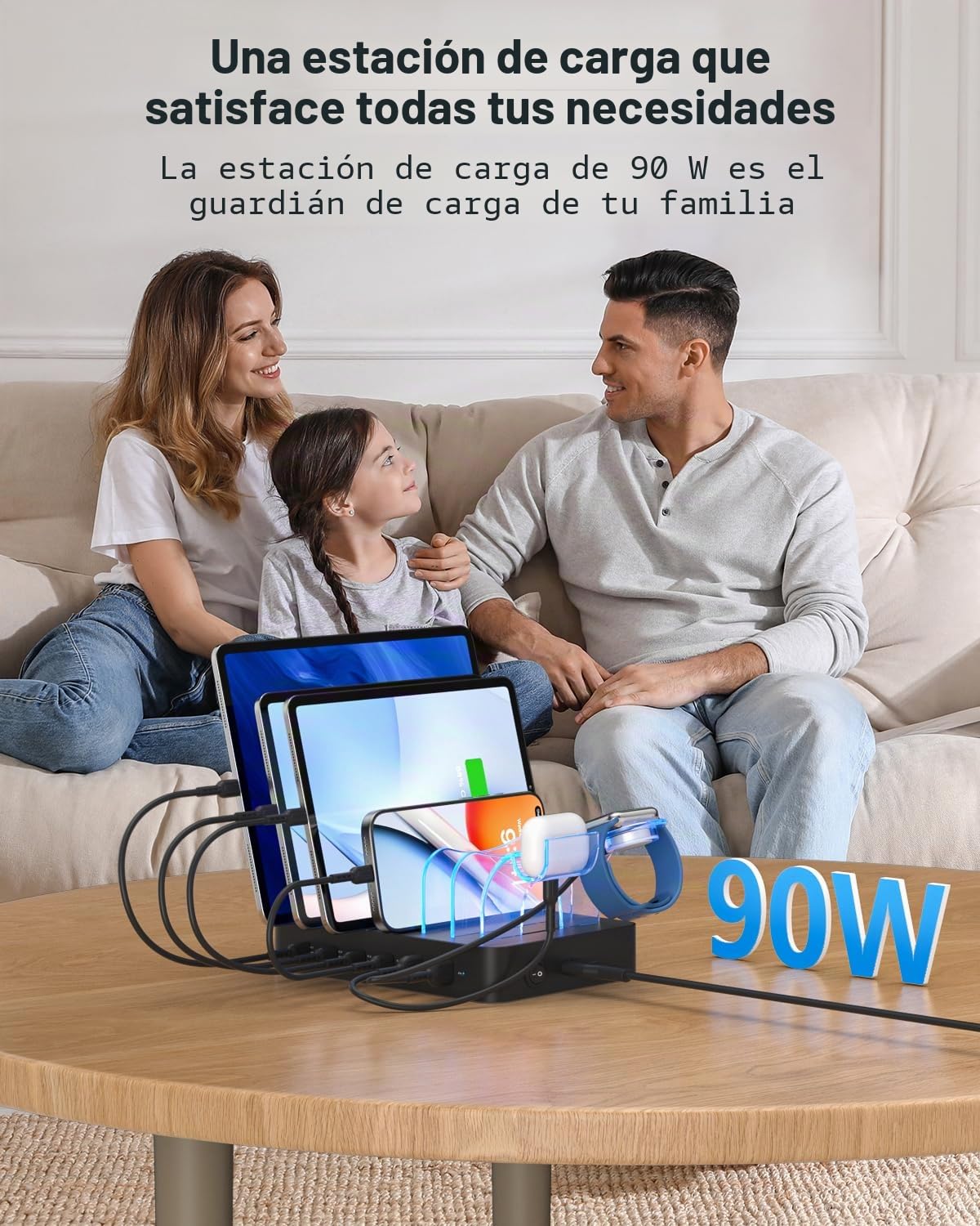 SooPii Estación de Carga de 90 W para múltiples Dispositivos, estación de Carga multiUSB C de 6 Puertos con 6 Cables Cortos Mixtos, Base de Carga PD de 20 W para iPhone, Galaxy, iPad, Tableta y más