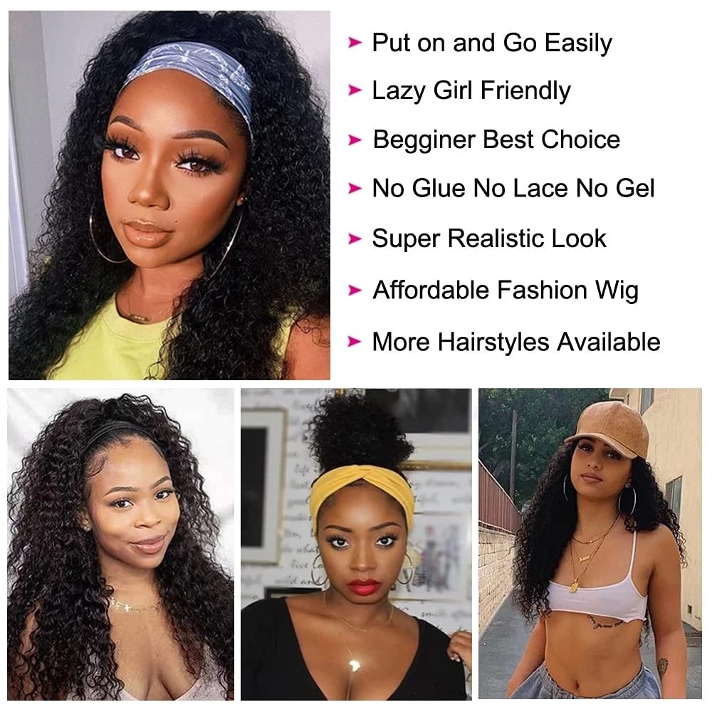 Rebasar Deep Wave Perruque Bandeau Cheveux Humain Brésilien Bouclée 16 Pouces 150% Densité Non Lace Curly Headband Wig Noire Naturelle