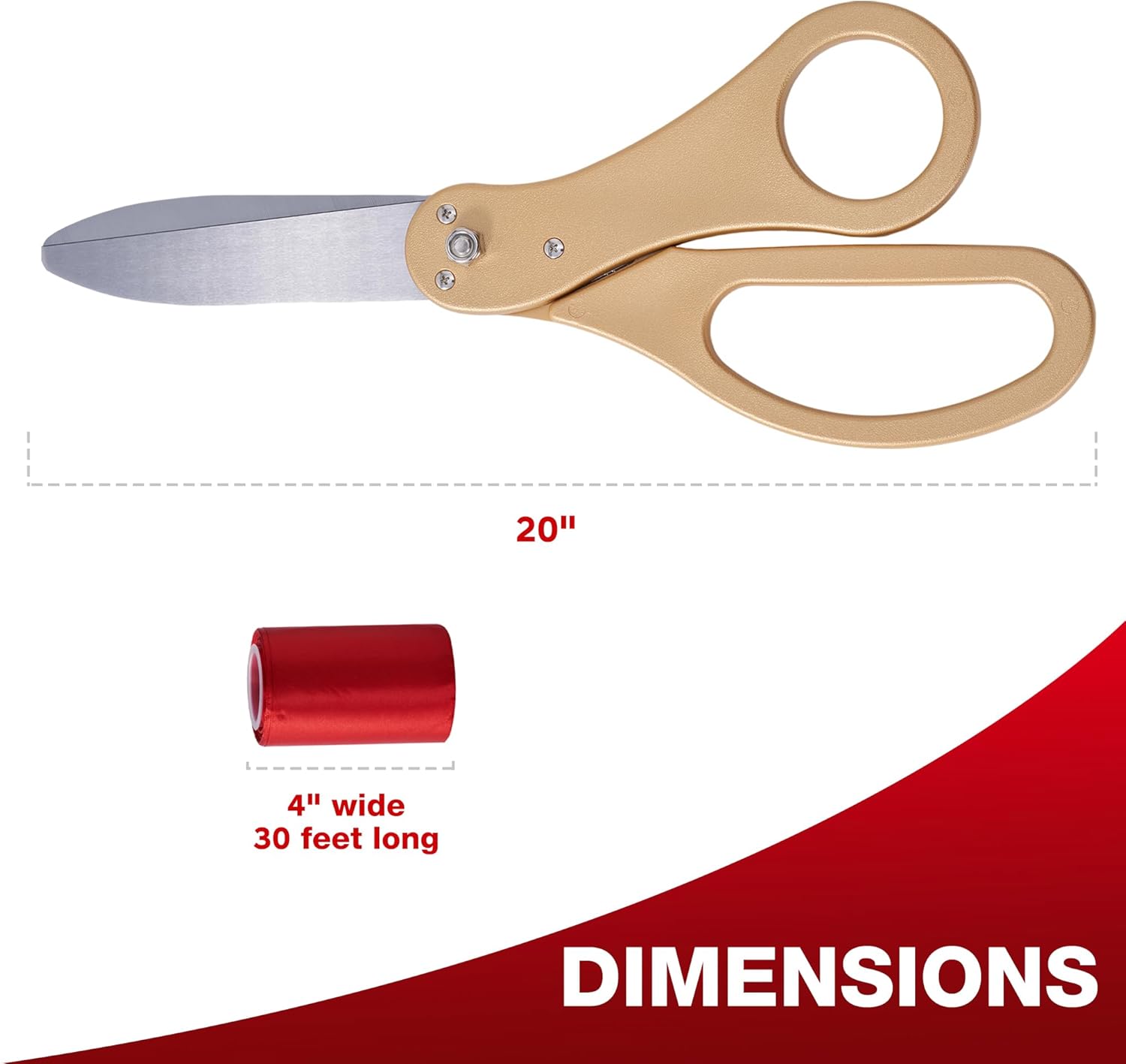 COMSIS Ribbon Cutting Ceremony Kit 20" Giant Scissors Set Sharp, Gold Handled, Elegant, Durable XL Scissors And 30 Feet Long 4" Wide Red Grand Opening Ribbon