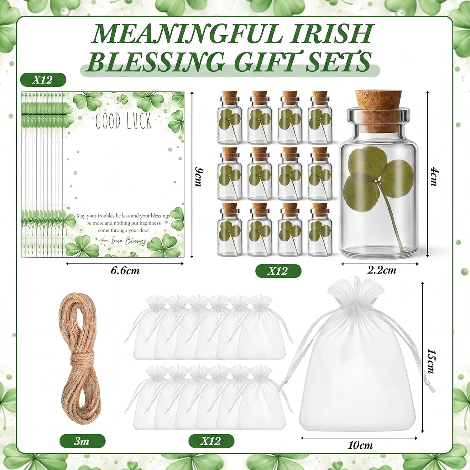 Roowest 12 Sets Shamrock Good Luck Gift Bulk, Real Shamrock in Wish Bottles, Irish Blessing Cards with Organza Bags, Lucky Clover Party Favors, Irish Festival Keepsake, St. Patrick's Day