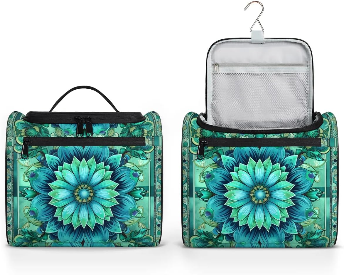 Ethnic Mandala Colorful Green Toiletry Bag for Women, Hanging Travel Toiletry Bag, Water-resistant Cosmetic Makeup Organizer for Toiletries and Cosmetics, Bathroom Shower Bag with Handle and Hook