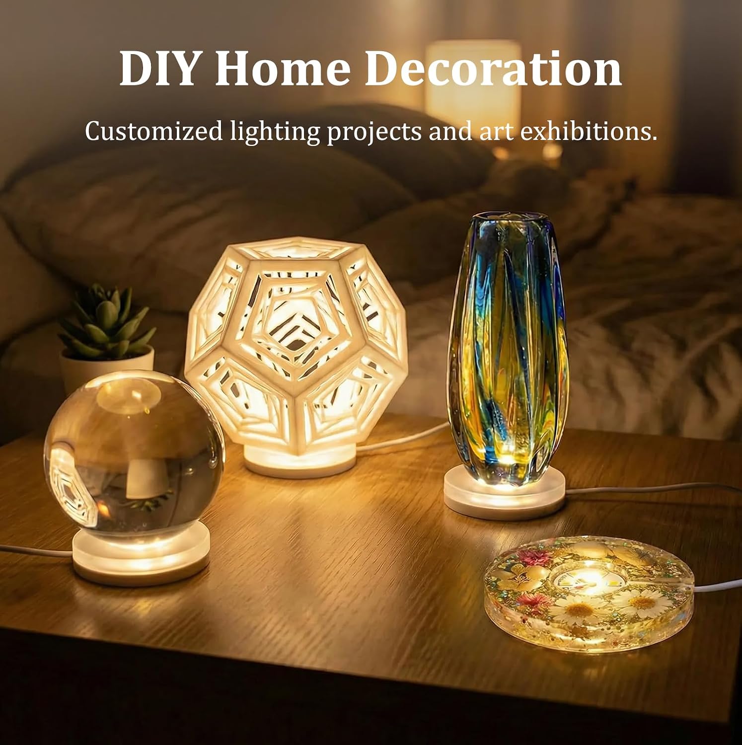 2Pcs Round Resin Light Base+12 Pcs USB Powered LED Light Kit(Warm Light)