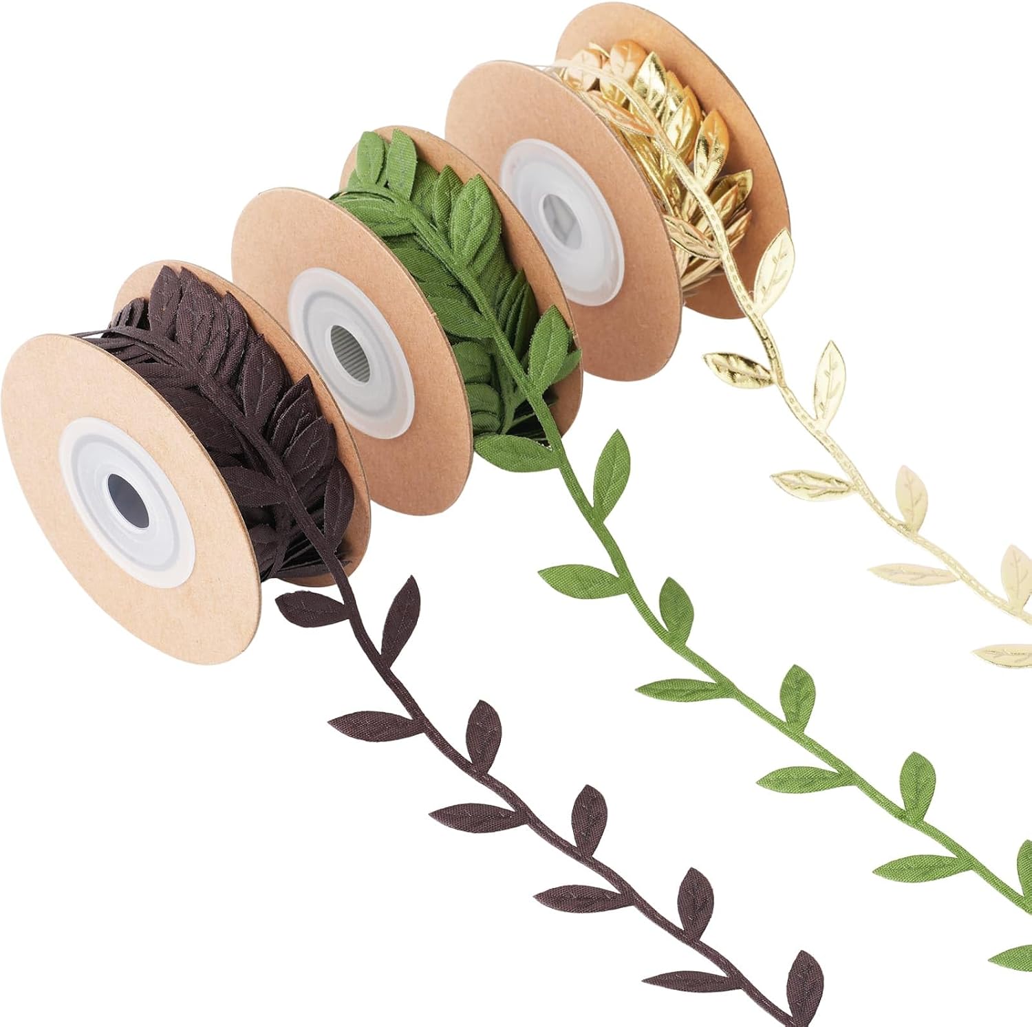 3 Rolls Leaf Ribbon 15 Yards Fall Craft Supplies - 1" Width Green Gold Brown Natural Leaf Shape Decorative Ribbons for Autumn Wedding Wreath Gift Wrapping