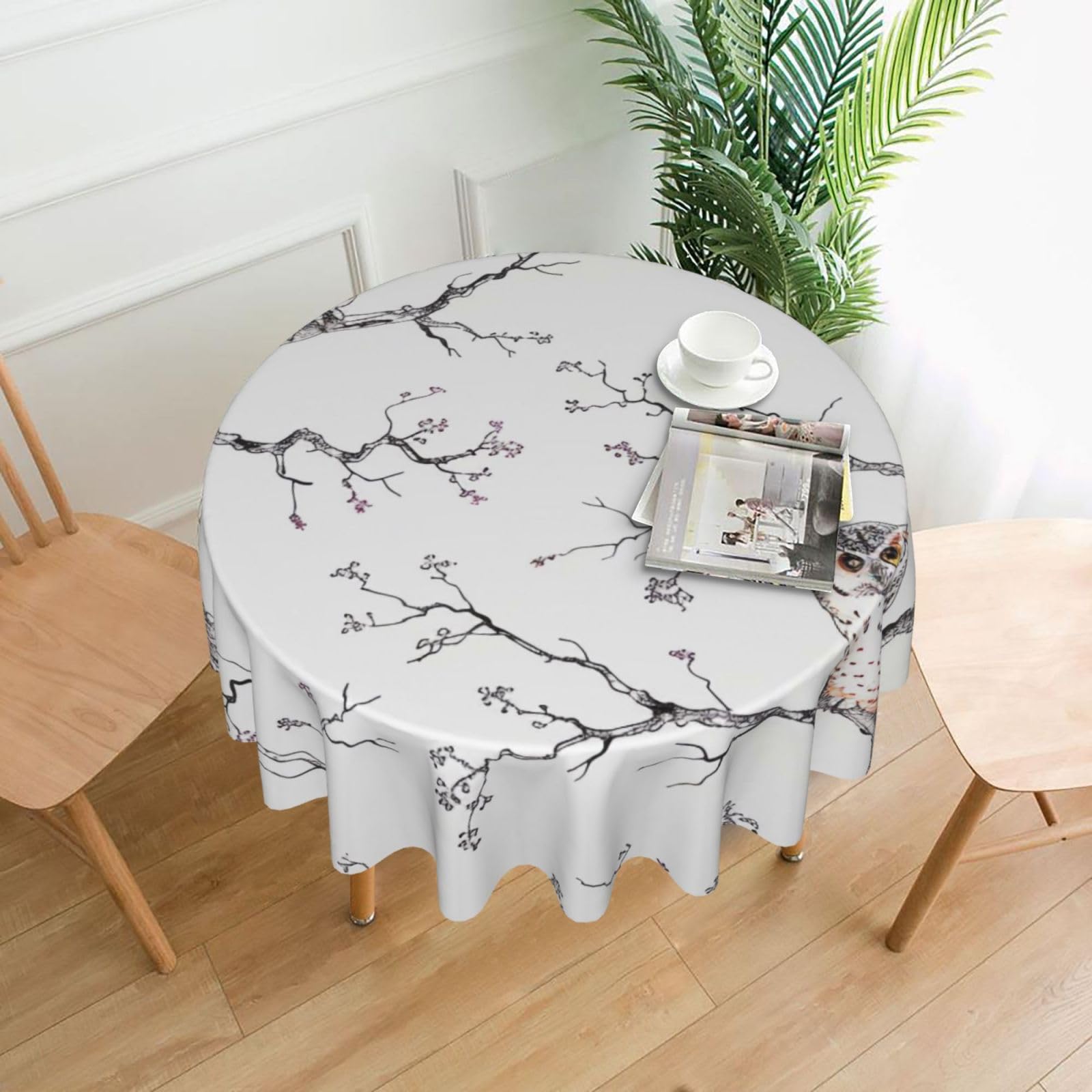 WPKJU Owl Tree Branches Printed Round Tablecloth 60 in Water Resistant Table Cover Washable Table Cloth for Dining Tables