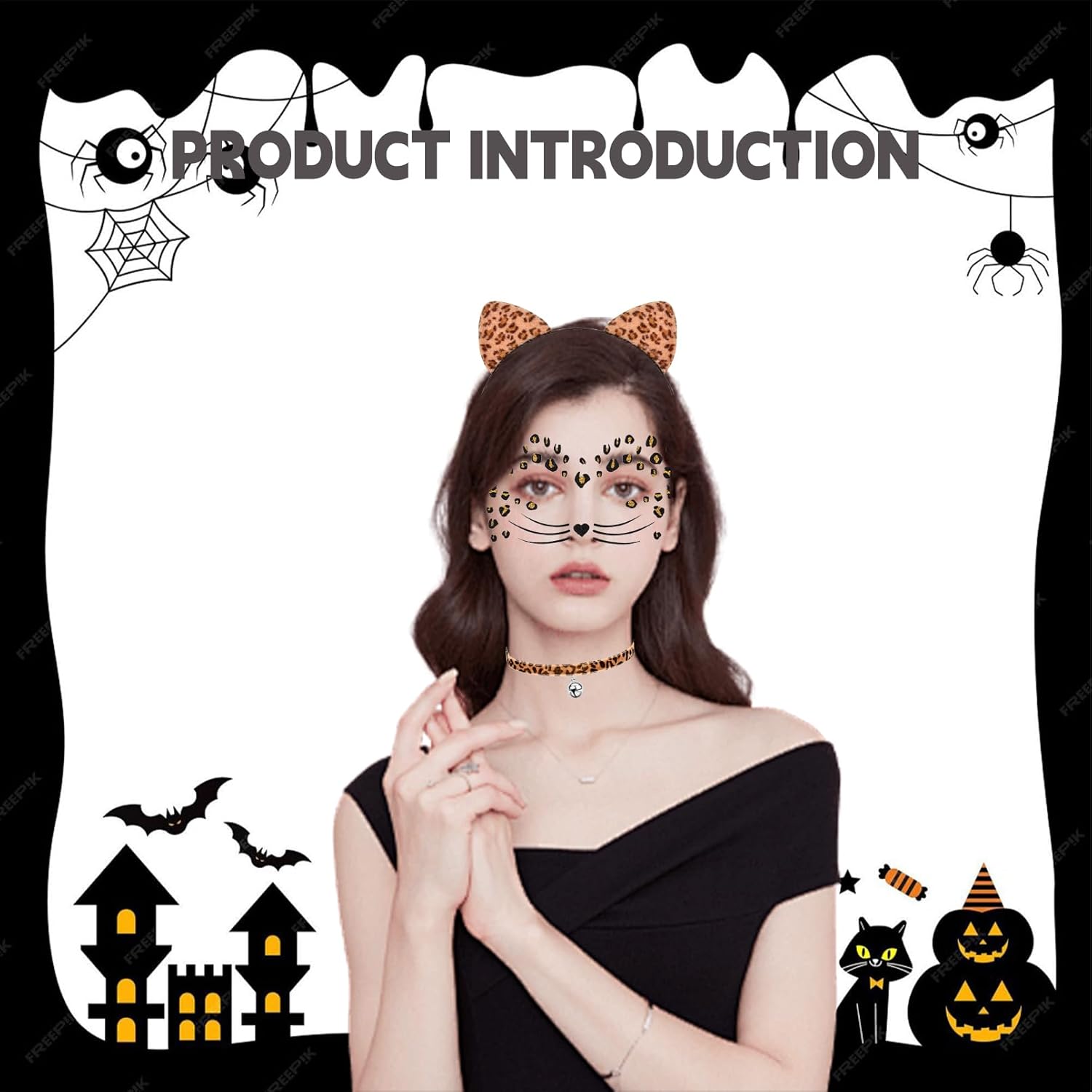 Women Leopard Print Cat Ear Headband Face Sticker Set Halloween Cosplay Party Accessories - Image 4