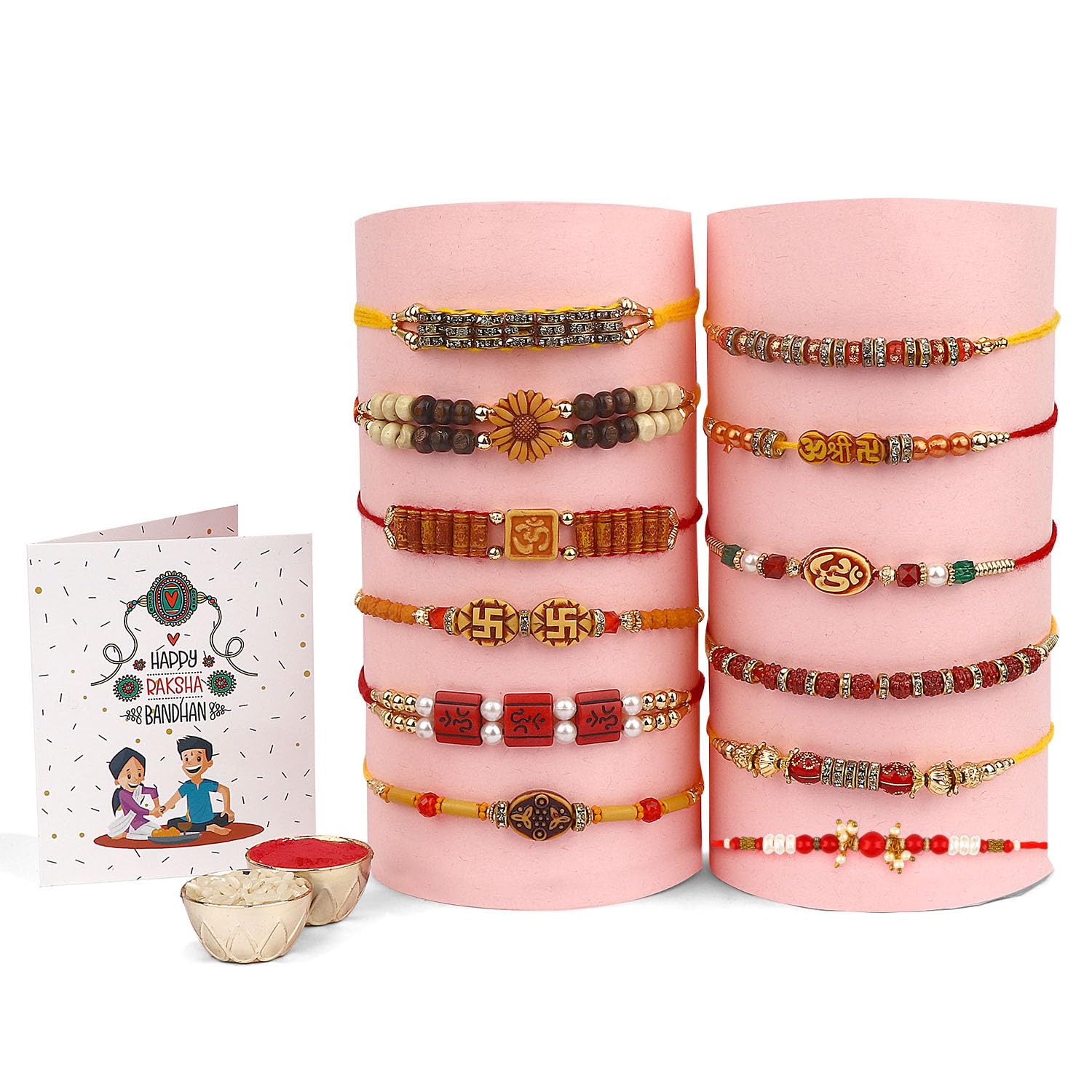 CraftsmanSATVIK 12 Pc Assorted Designs Rakhi for Brother Bhaiya Bhabhi Traditional Handmade Assorted Designer Rakhi Set Roli Chawal, Greeting Card & Sita-Ram Sticker Rakhi Thread Rakhdi Bracelets Rakshabandhan