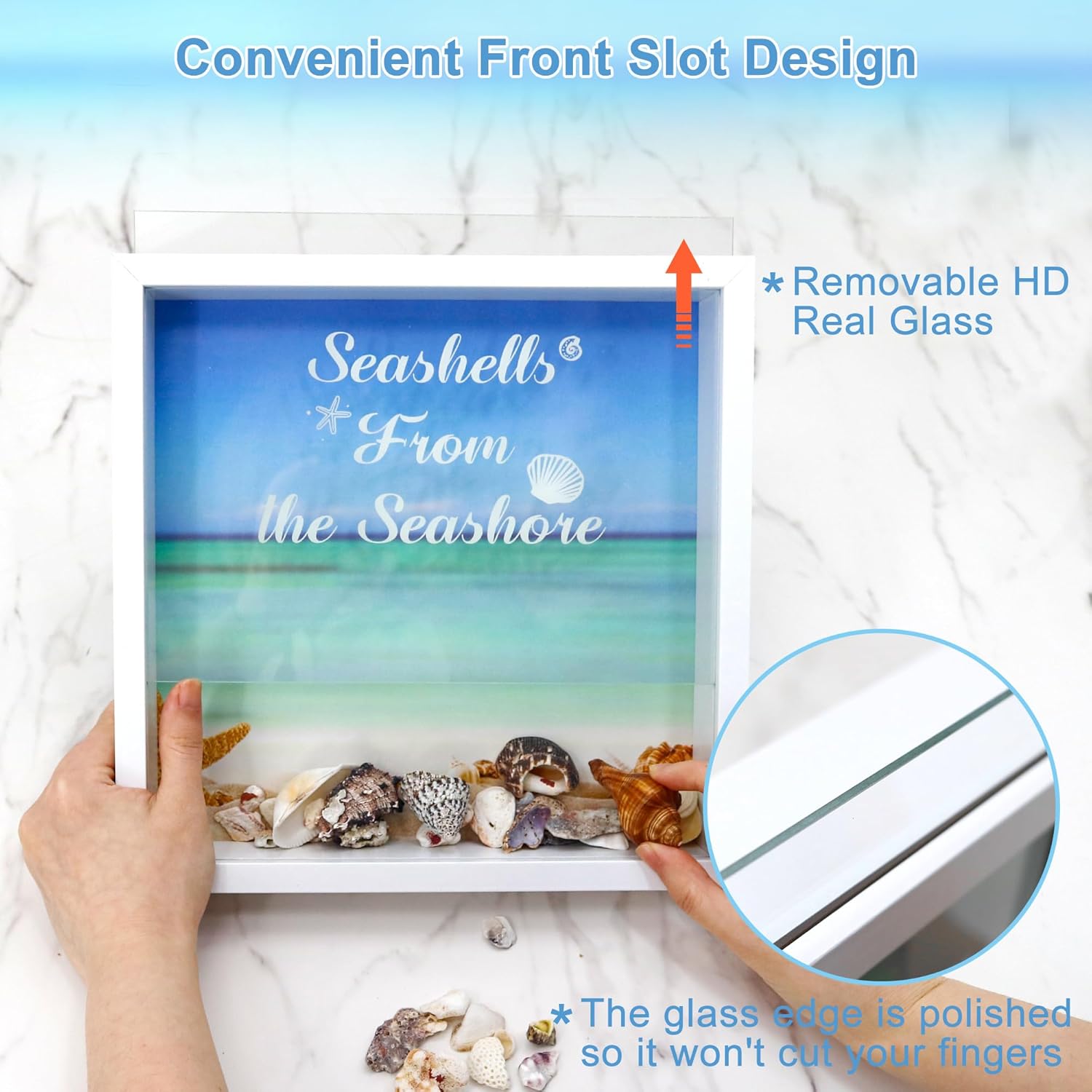 FramePro 10"x10" Seashell Holder Display Box-Seashells Agates Shark Teeth Starfish Trinke, Seashell Collection Box Decorative Shadow Box with Real Glass ,Wall Mount or Tabletop (White)
