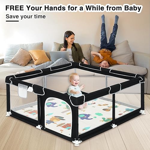 Miniatura 2 de Corralito de juegos para bebés de 47 x 47 pulgadas para bebés y niños pequeños, corralito grande con tapete de juego, seguro, centro de actividades