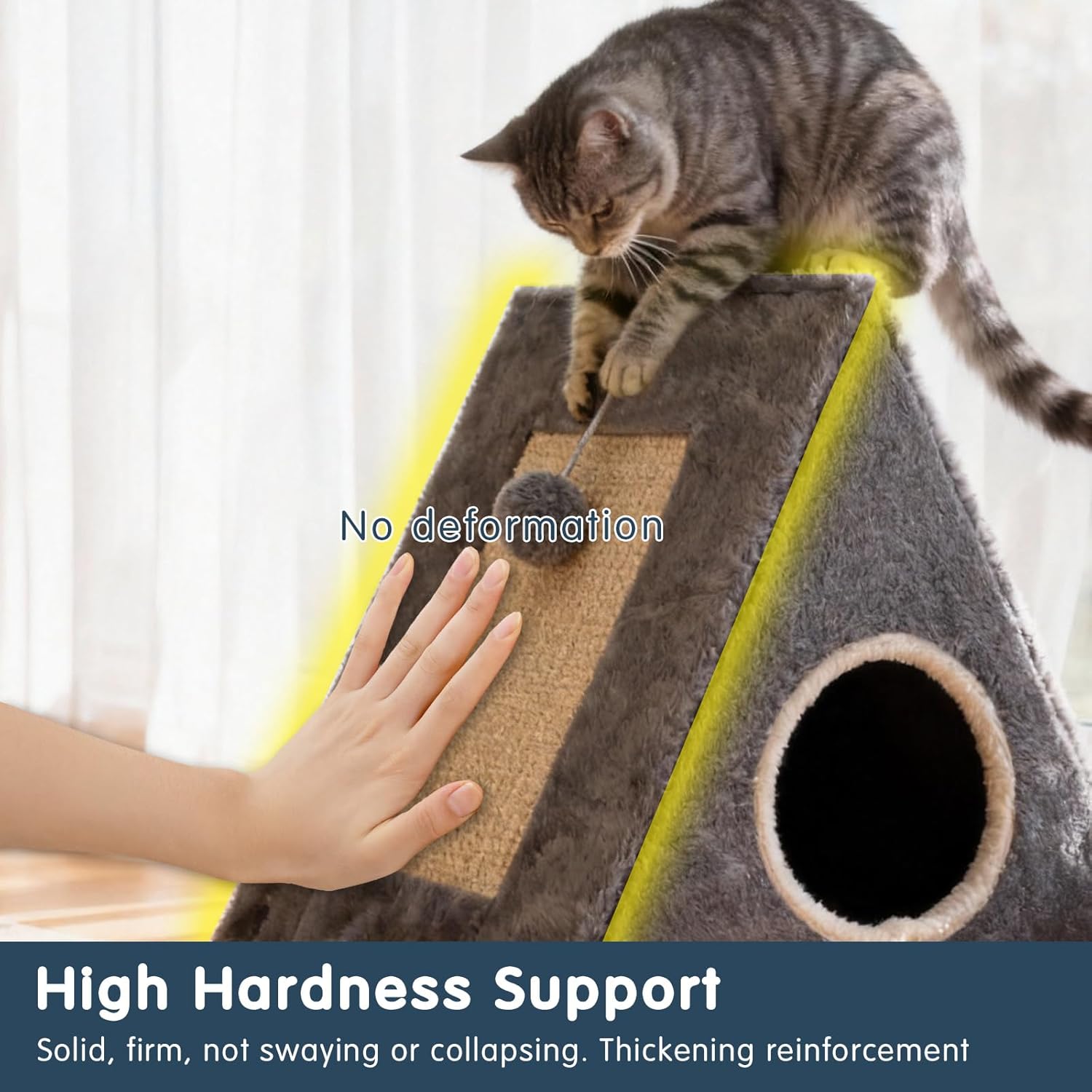 Cat Beds for Indoor - 2 in 1 Cat Cave House Tent for Kittens and Small Pets with Fluffy Ball Hanging and Scratch Pad,Foldable Kitten Hideaway with Non-Slip Bottom, Grey, 17 inches