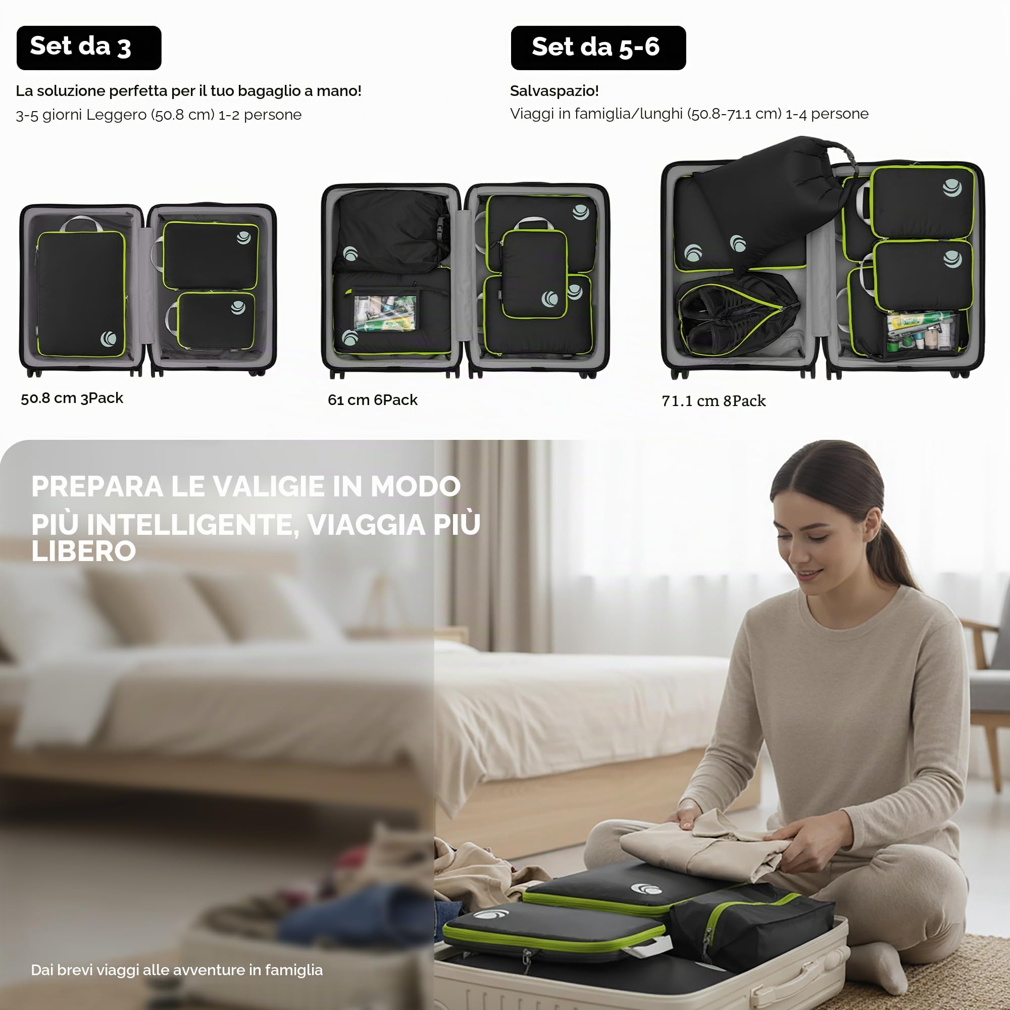 Cipway Compressore Organizer Valigia,Borsa da Viaggio Espandibile Ultraleggero Salvaspazio Viaggio Organizer per i Vestiti per Zaini o Bagagli a Mano(Nero,8 Pezzi)