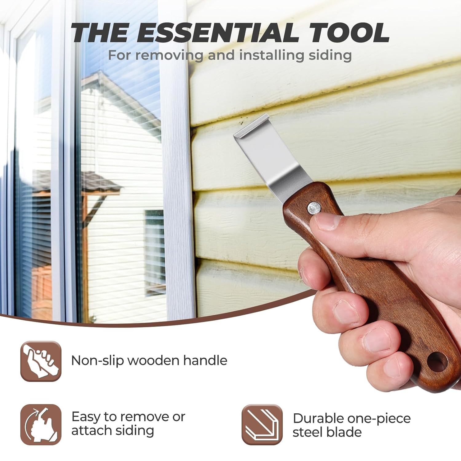 Vinyl Siding Removal Tool,Straight Non-Slip Grip Handled,Silicone Protective Handled,for Installation and Repair Vinyl Sidings Without Damaging Siding (1, Wooden)