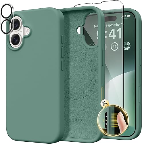 Miniatura 195 de GONEZ Funda de silicona para iPhone 14 Pro Max, compatible con MagSafe, con protector de pantalla + protector de lente de cámara, silicona líquida a