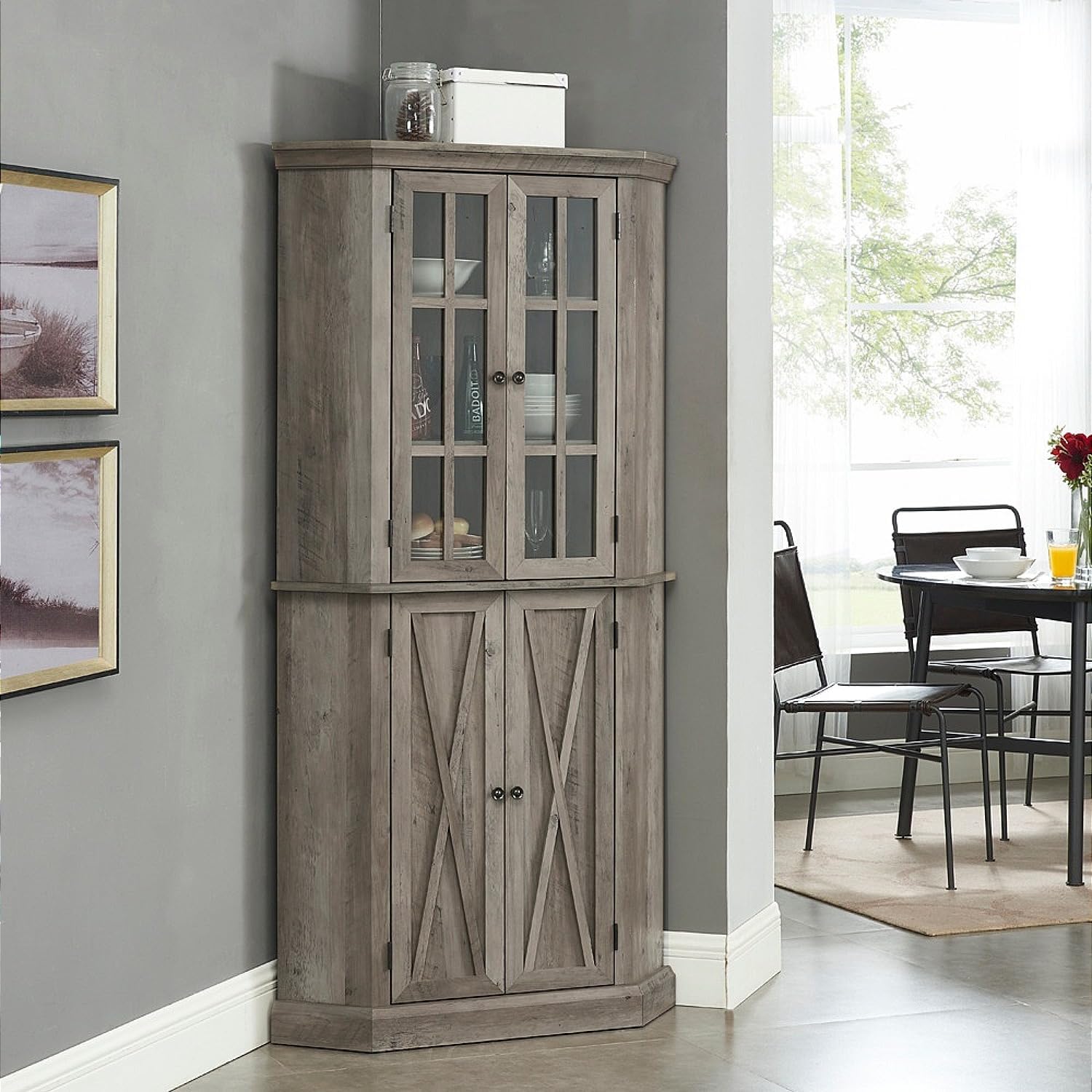 Home Source Kitchen Corner Cabinet with Doors, Wood Corner Hutch, Transparent Glass Doors, Bar Cabinet for Living Room, Kitchen, Farmhouse, Basement, Stone Grey