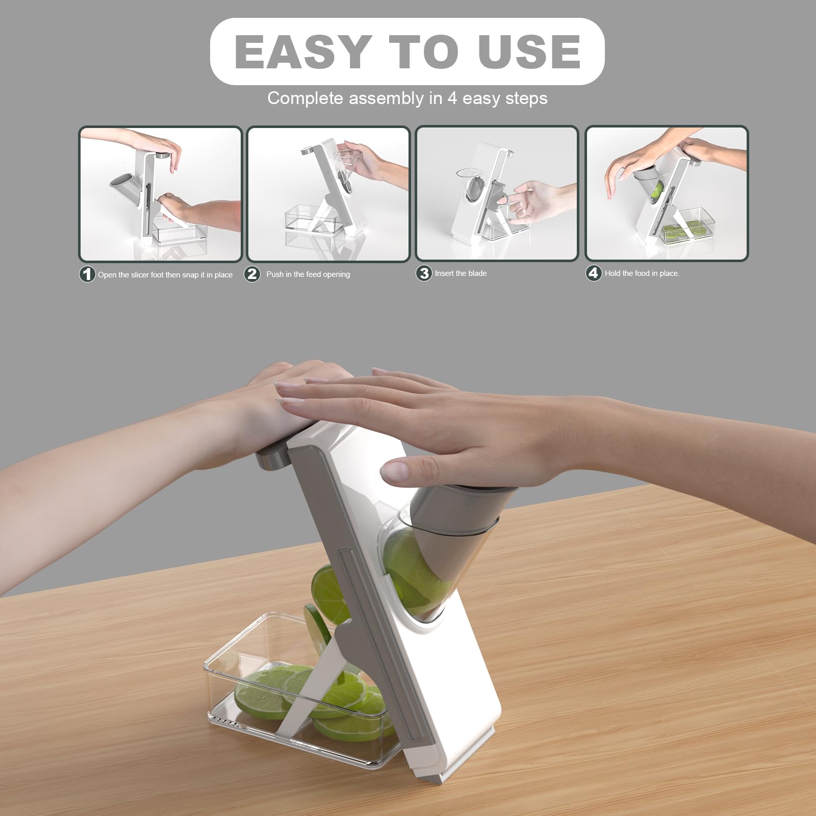 FEICO Upgrade Safe Mandoline Slicer Kartoffelschneider - Verstellbarer Gemüsehobel Lebensmittelzerkleinerer Pommes Frites Schneider Küche Hacken Artefakt Geschenk (weiß-dunkelgrau)