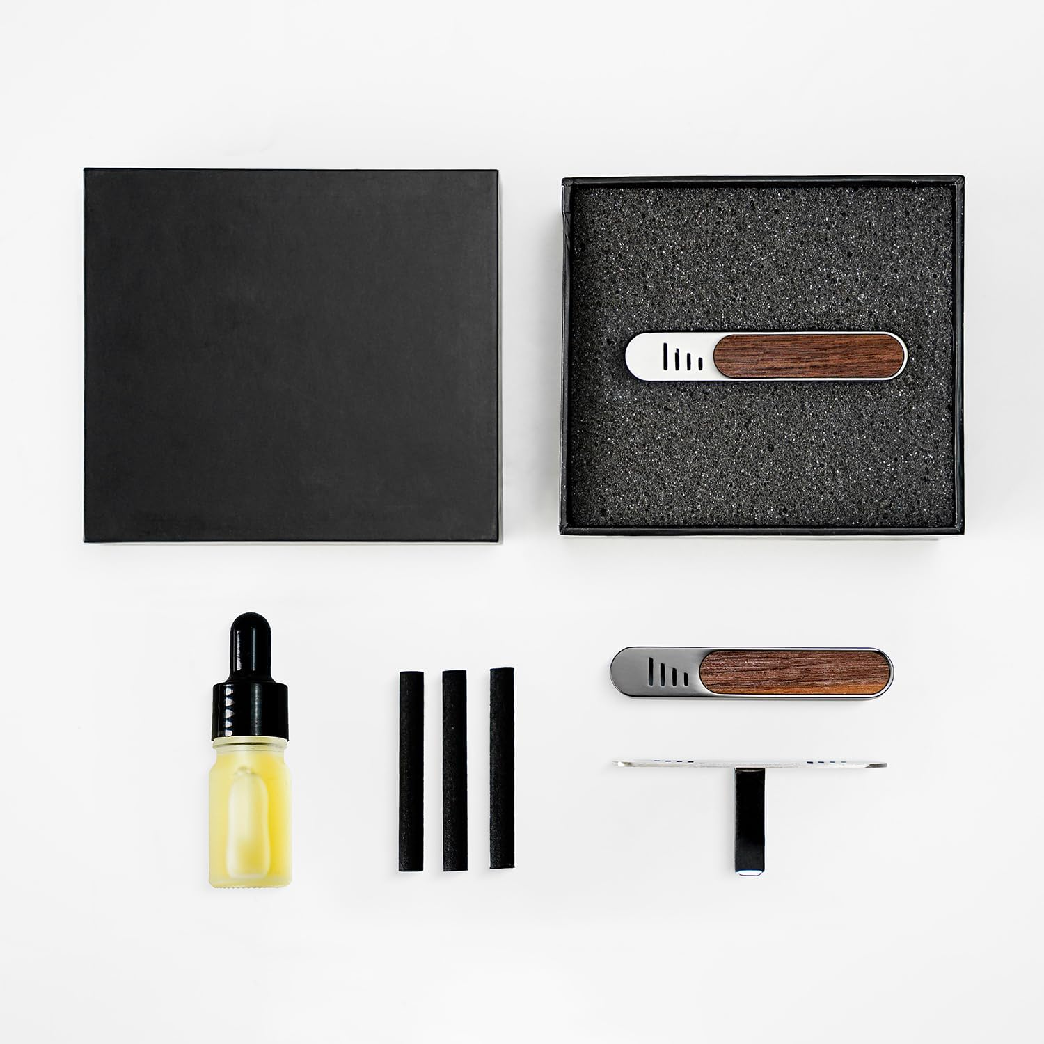 ElementalPremium Car Diffuser for Air Freshening - Car Deodorizer Vent Clip with 4 Fiber Sticks & Sandalwood Fragrance Oil - Non Toxic Car Freshener with Refillable Sticks - Teak Wood