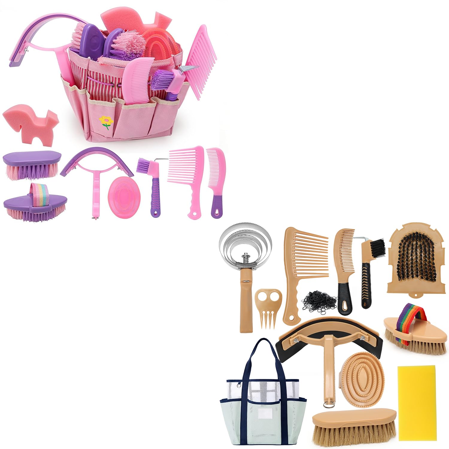 Kit per la cura del cavallo con accessori e borsa portaoggetti, serie per la cura del cavallo, spazzole per cavalli, spazzole a setole, toelettatura del cavallo, accessori per la toelettatura