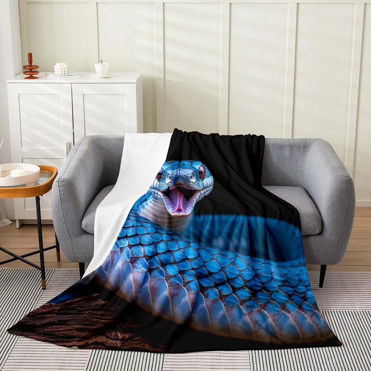 Erosebridal Snake Throw Blanket for Kids, Reptile Fleece Blanket All Season, Blue Snake Flannel Blanket 40x50,Tropical Animal Bed Blanket for Teens