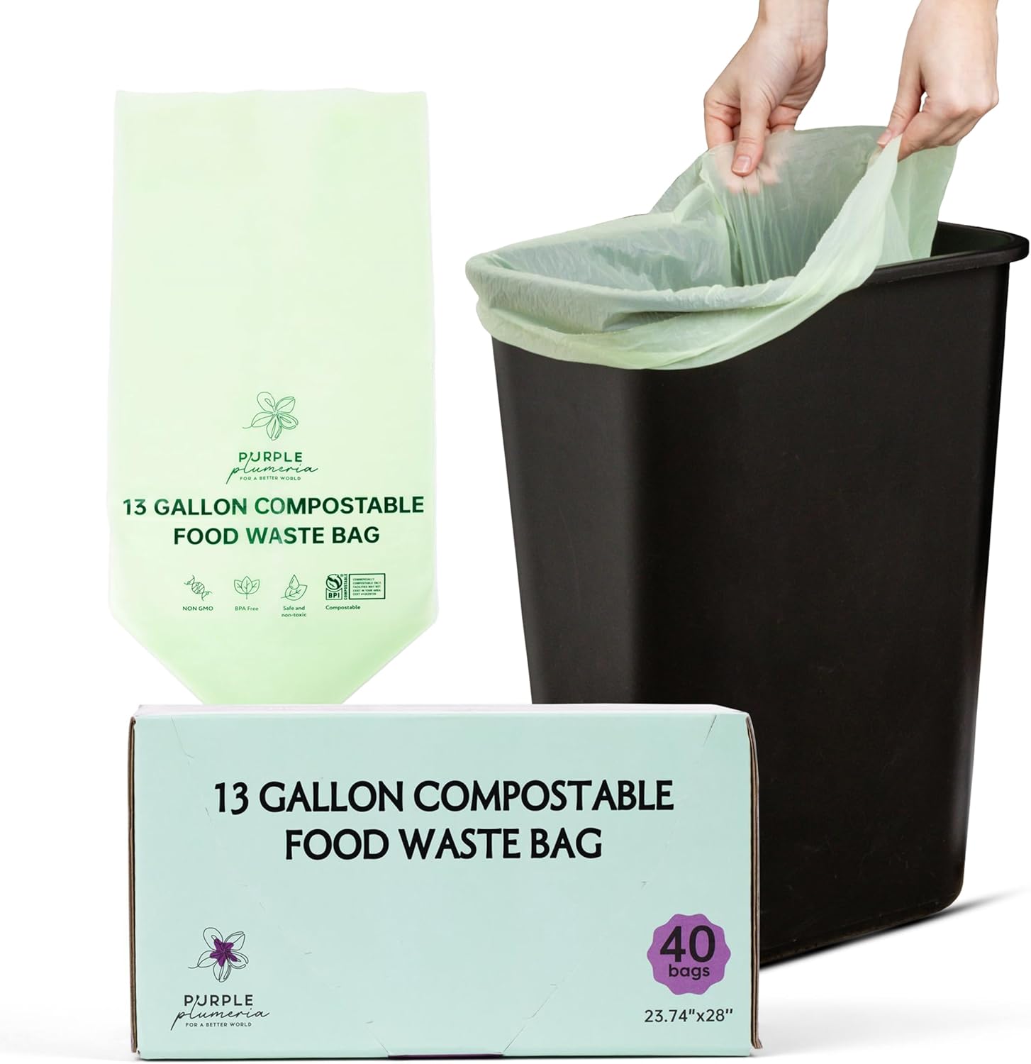13 Gallon Compostable Trash Bags, Bio-Based, Extra Strength, Plant-Based Plastic, Eco-Friendly Tall Kitchen Trash Bags, 50 Count (Sea Green)