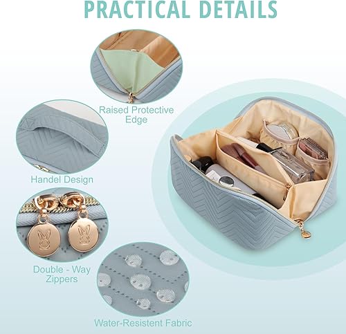 Miniatura 7 de Bolsa de maquillaje para cosméticos, bolsa de maquillaje de viaje de gran capacidad para mujeres con bolsa portátil abierta plana resistente al agua