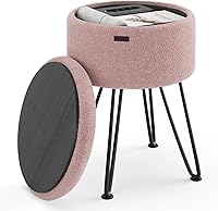 Vista 11 de STORAGEBUD Otomana redonda con almacenamiento, otomana de almacenamiento de bouclé, taburetes otomanos, taburete de tocador de maquillaje, pequeños