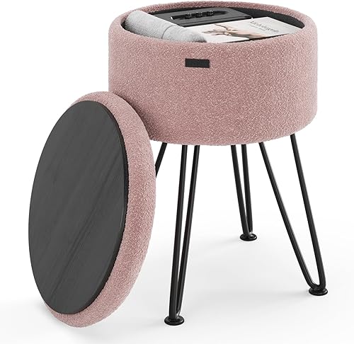 Miniatura 11 de STORAGEBUD Otomana redonda con almacenamiento, otomana de almacenamiento de terciopelo plisado, taburete de pie, taburete de maquillaje, otomanas