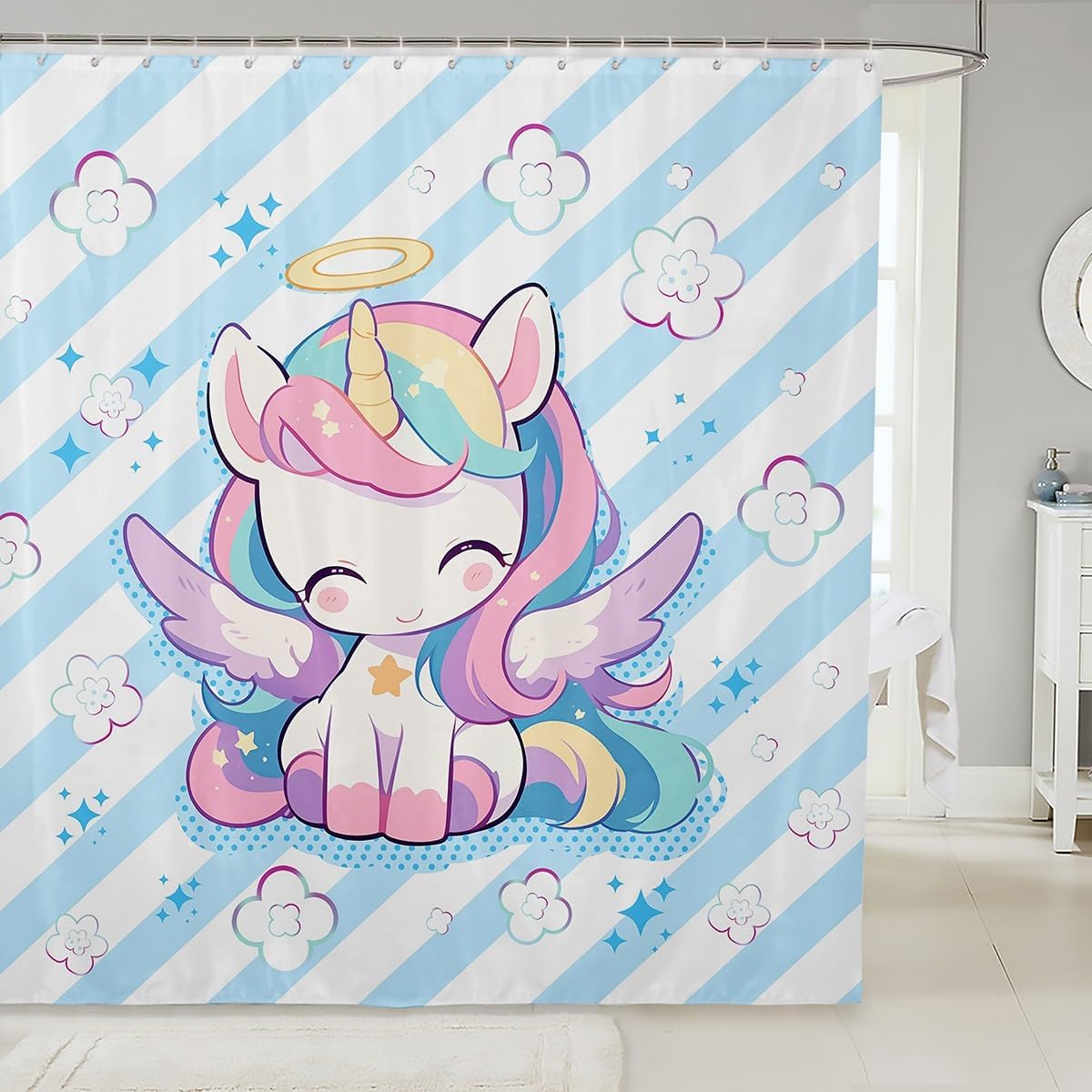 Homewish Cute Axolotl Shower Curtain Cartoon Salamander Bathroom Shower Liner for Kids Adult Pink Stripes Waterproof Curtains Room Decor 72 x 72 Inch image 5