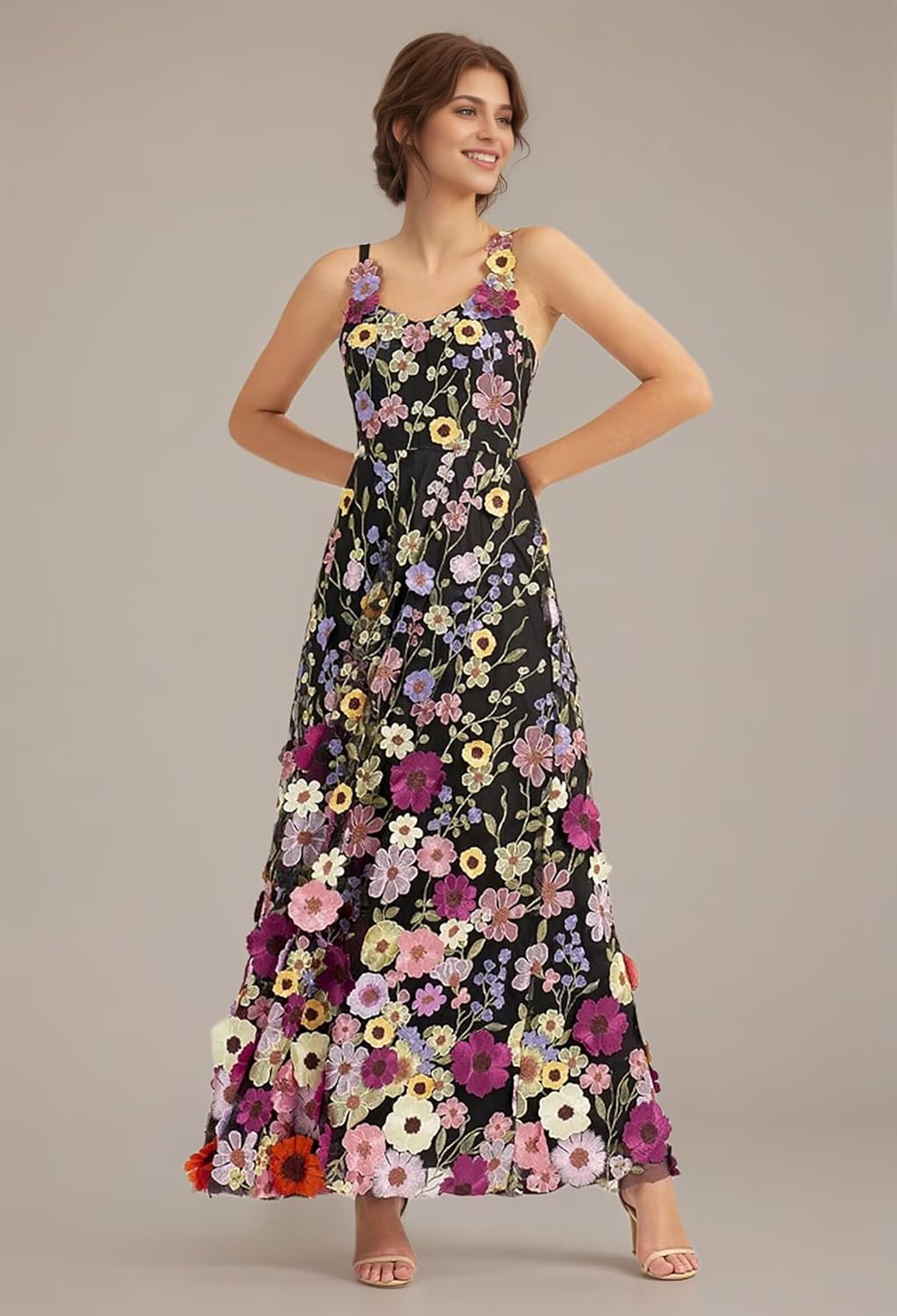 3D Floral Embroidery Prom Dresses for Women Long Spaghetti Straps Flower Applique Tulle Formal Gown Evening Dress - Image 2