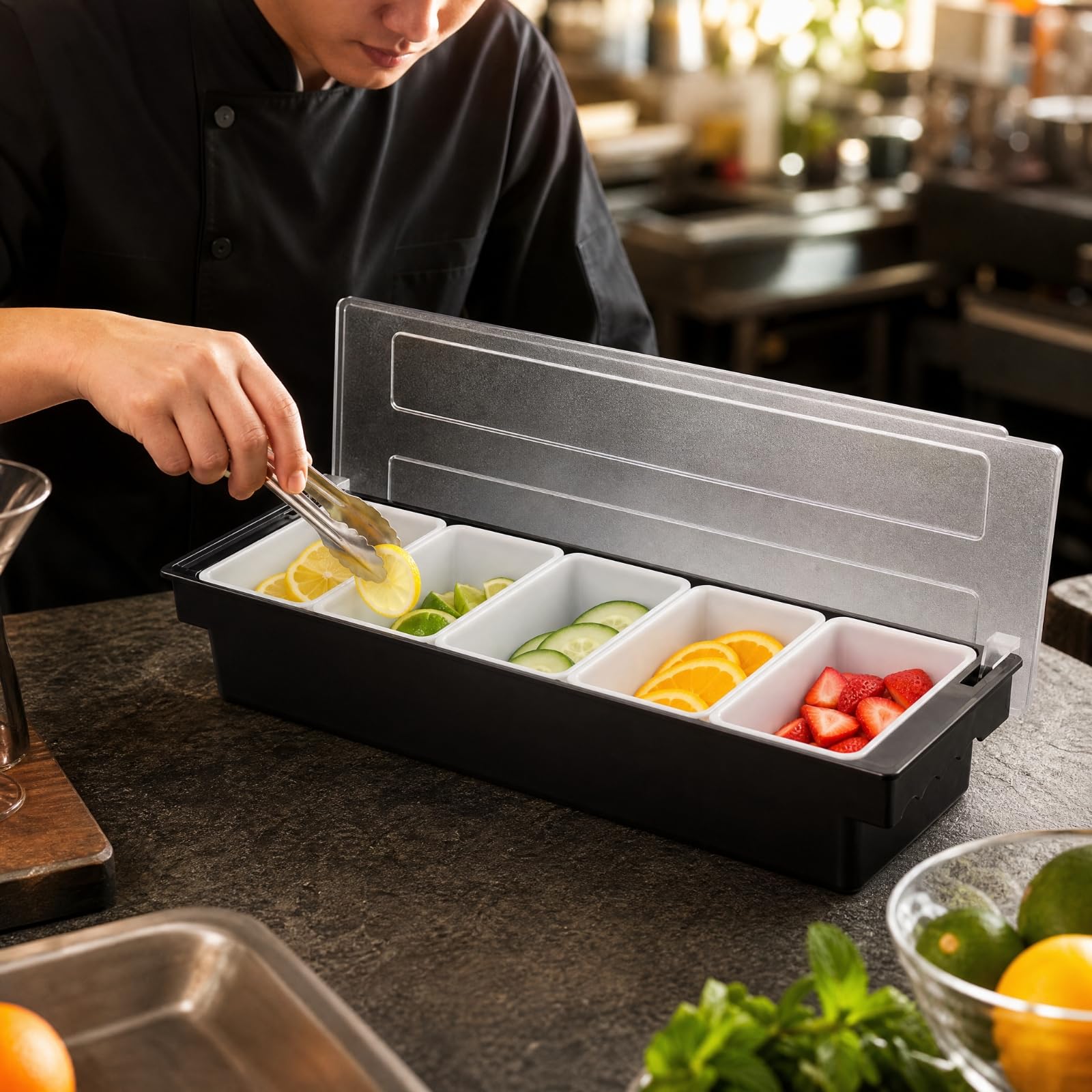 Frutta con Scomparti Removibili Salvaspazio Contenitore per Snack con Manici Laterali per Ristorante, Caffetteria, 3 Scomparti