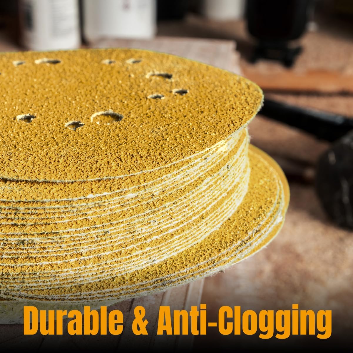 POWERTEC 44053G Dischi abrasivi a 8 fori da 12,7 cm con bastone di pulizia abrasivo, 100 pezzi di carta vetrata a grana 220 per levigatrici orbitali casuali, levigatrice pneumatica, levigatrice