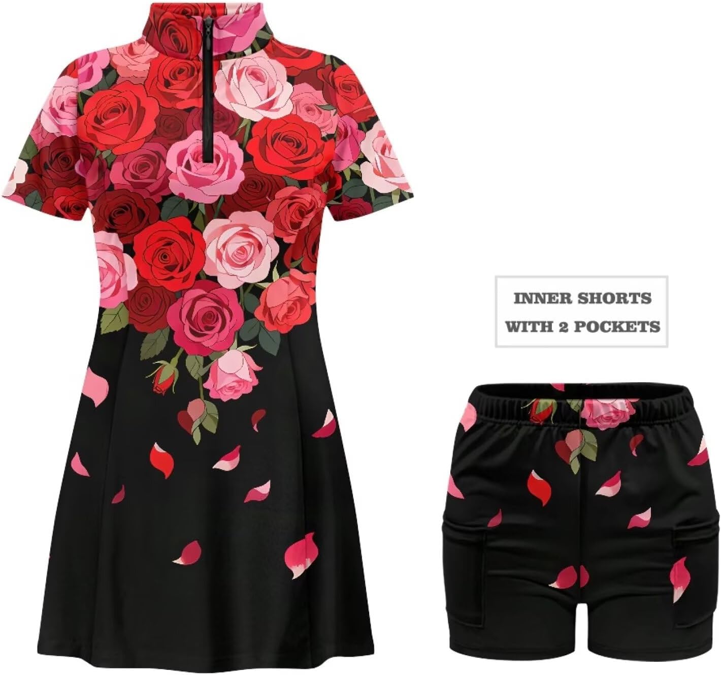 Womens Short Sleeve Golf Dress with Built in Shorts and Pockets Zip Up Athletic Tennis Dresses