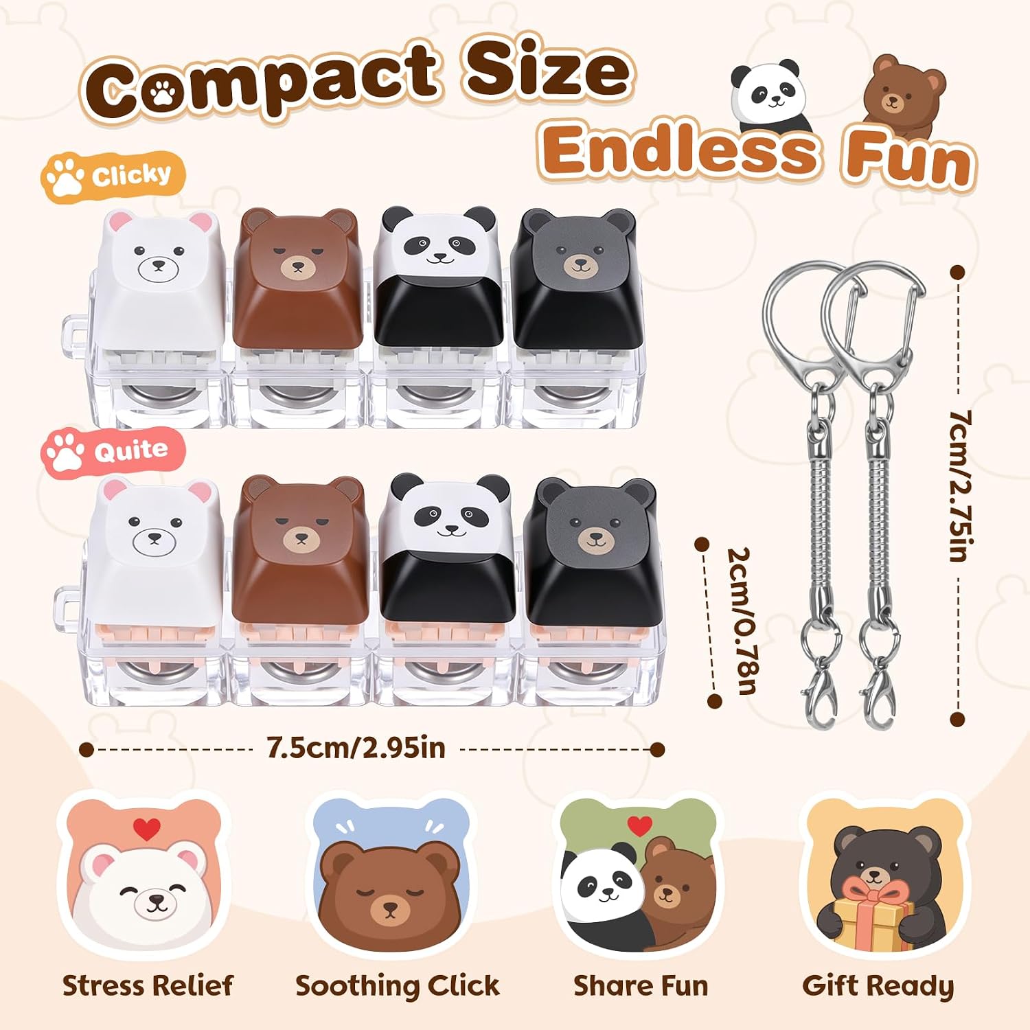 2P Keyboard Fidget Toy, Bear Shaped Silent & Clicky Keyboard Clicker Keychain with LED Light, Cute Sensory Toys for Adults Anxiety and Stress Relief (Multicolor1, 2P) image 2