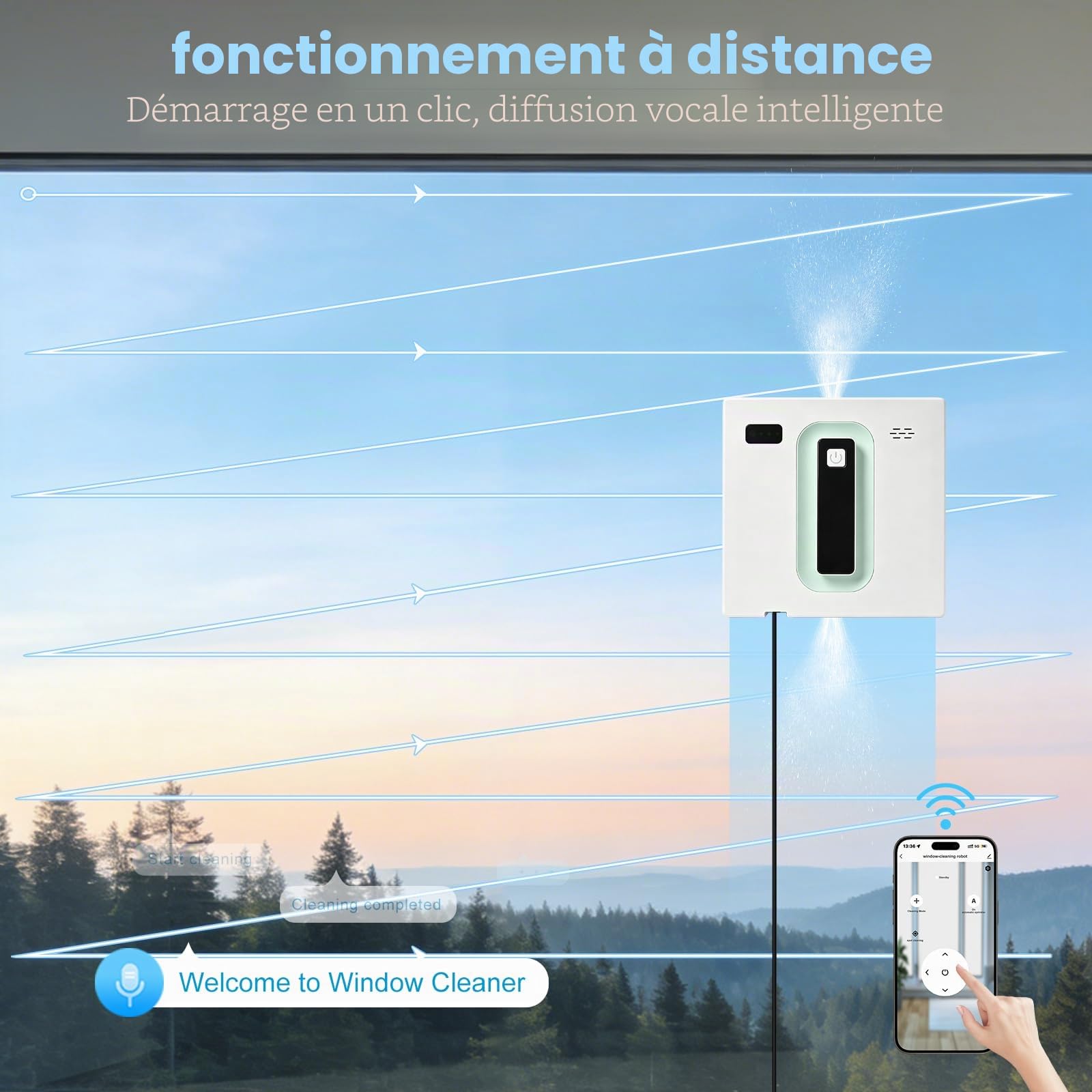 Robot de nettoyage de vitres carré avec moteur sans balais, double jet d'eau ultra fin, nettoyeur intelligent avec batterie UPS 650 mAh, application/télécommande pour verre, carrelage et