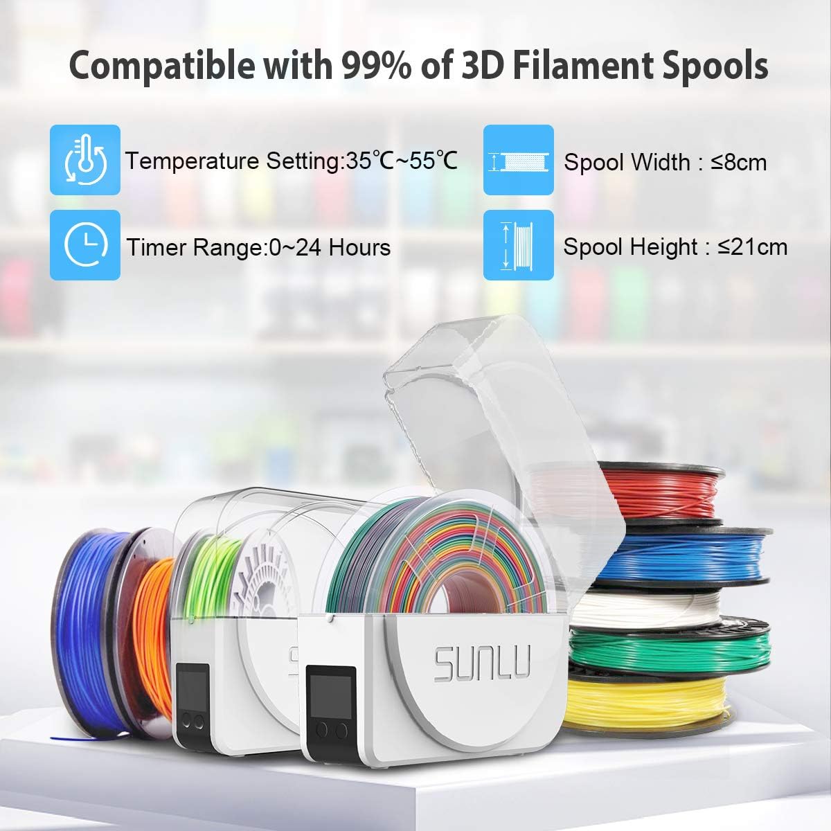 3D Printer Filament Dryer, SUNLU Dry Box for Filament Storage S1, Keep Filament Dry During 3D Printing, Compatible with 1.75mm, 2.85mm, 3.00mm 3D Filament, Filament Holder