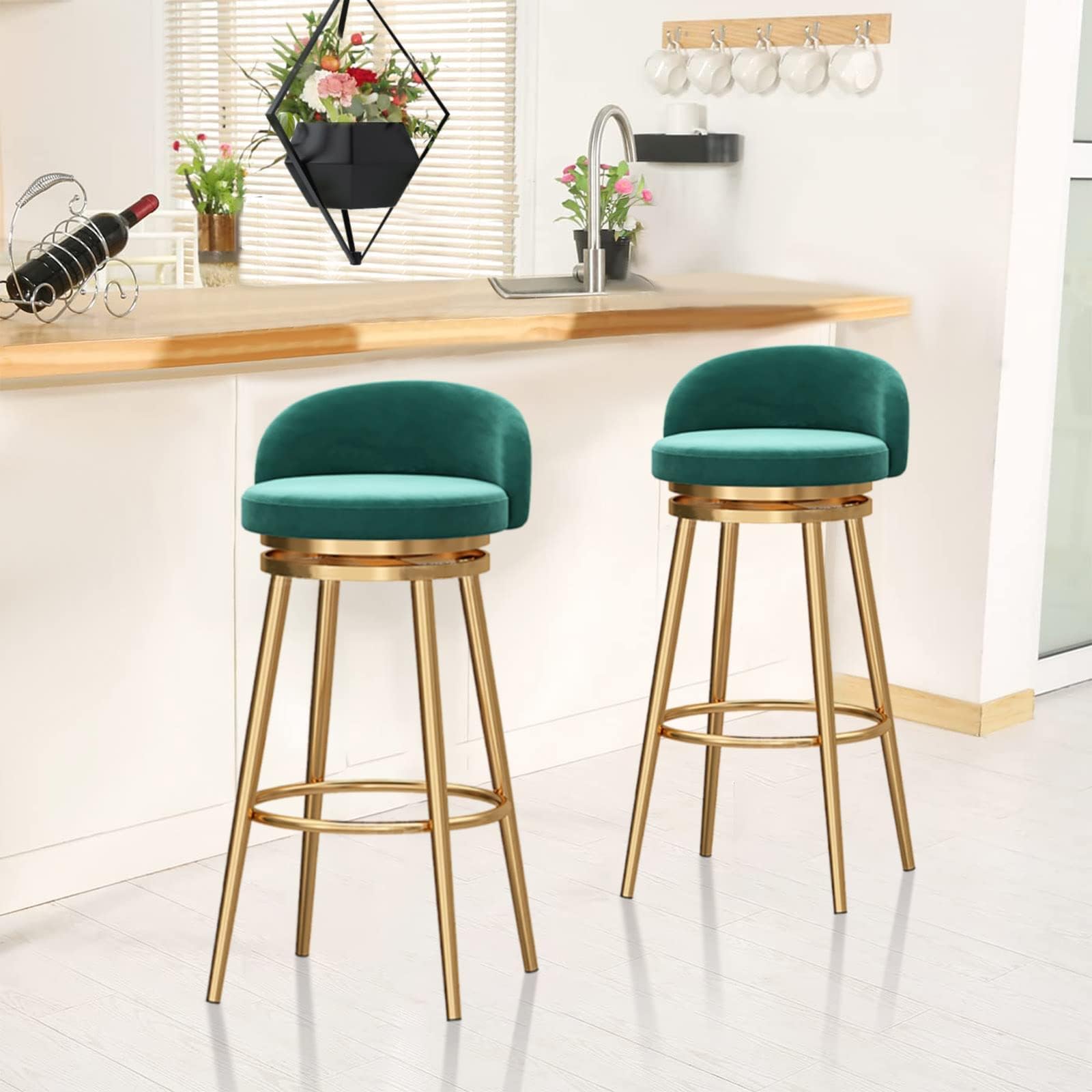 Lot de 2 tabourets de bar en velours – Tabourets de comptoir dos nu avec repose-pieds – Chaises rembourrées pour cuisine et salle à manger – Accent vert élégant pour décoration d'intérieur