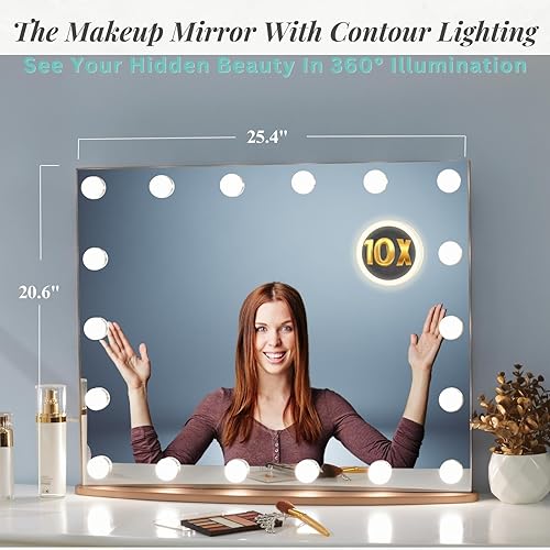 Miniatura 4 de LUXFURNI Espejo de maquillaje Hollywood para mesa con luz regulable alimentada por USB, control táctil, luz LED cálida de 12 días (16 pulgadas de