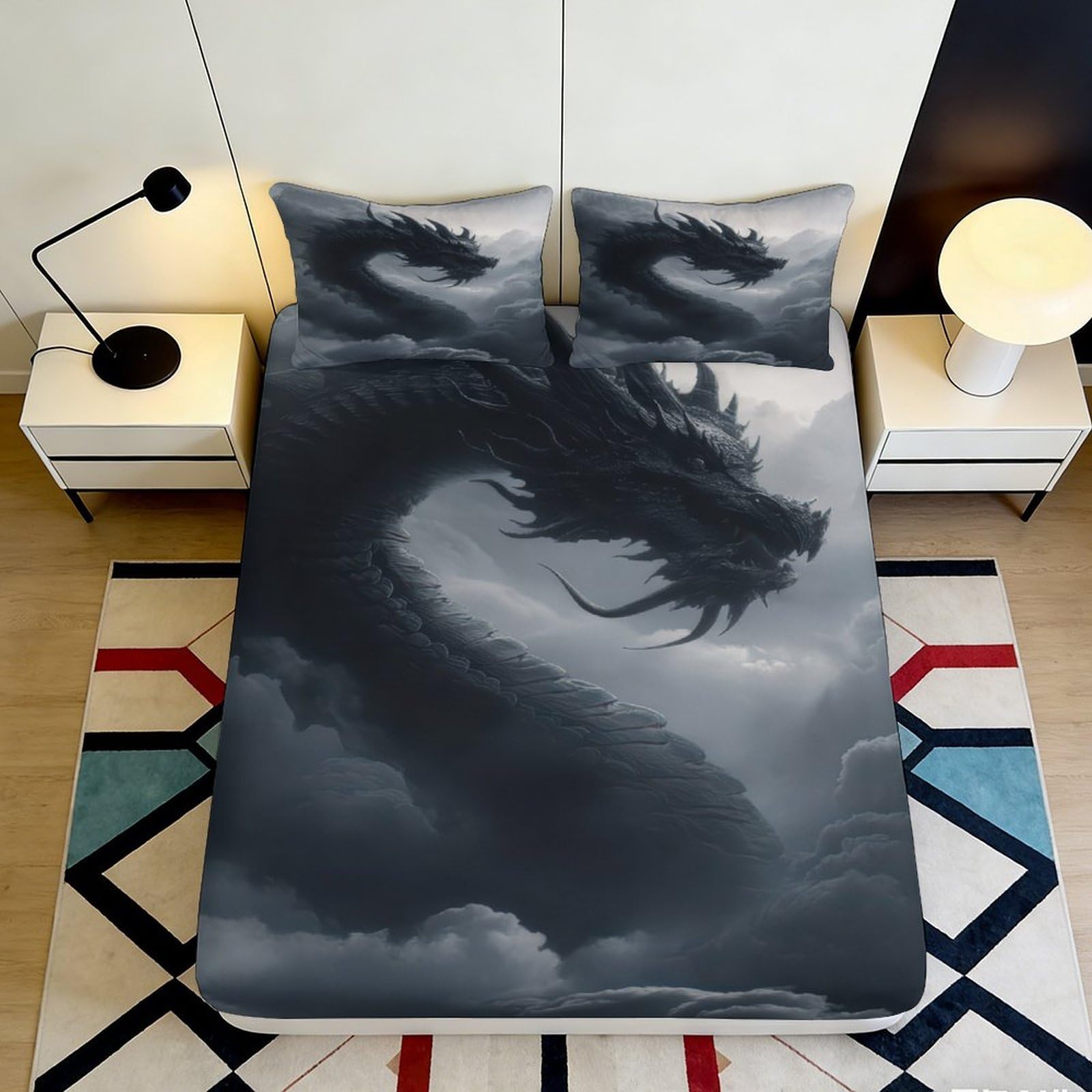 Jqzkxnhpbr Style-6 3D Printed Black Dragon Fitted Sheet Microfiber Soft Breathable Storm Cloud Mattress Cover For Bedroom Dorm Decor 90X200x25cm