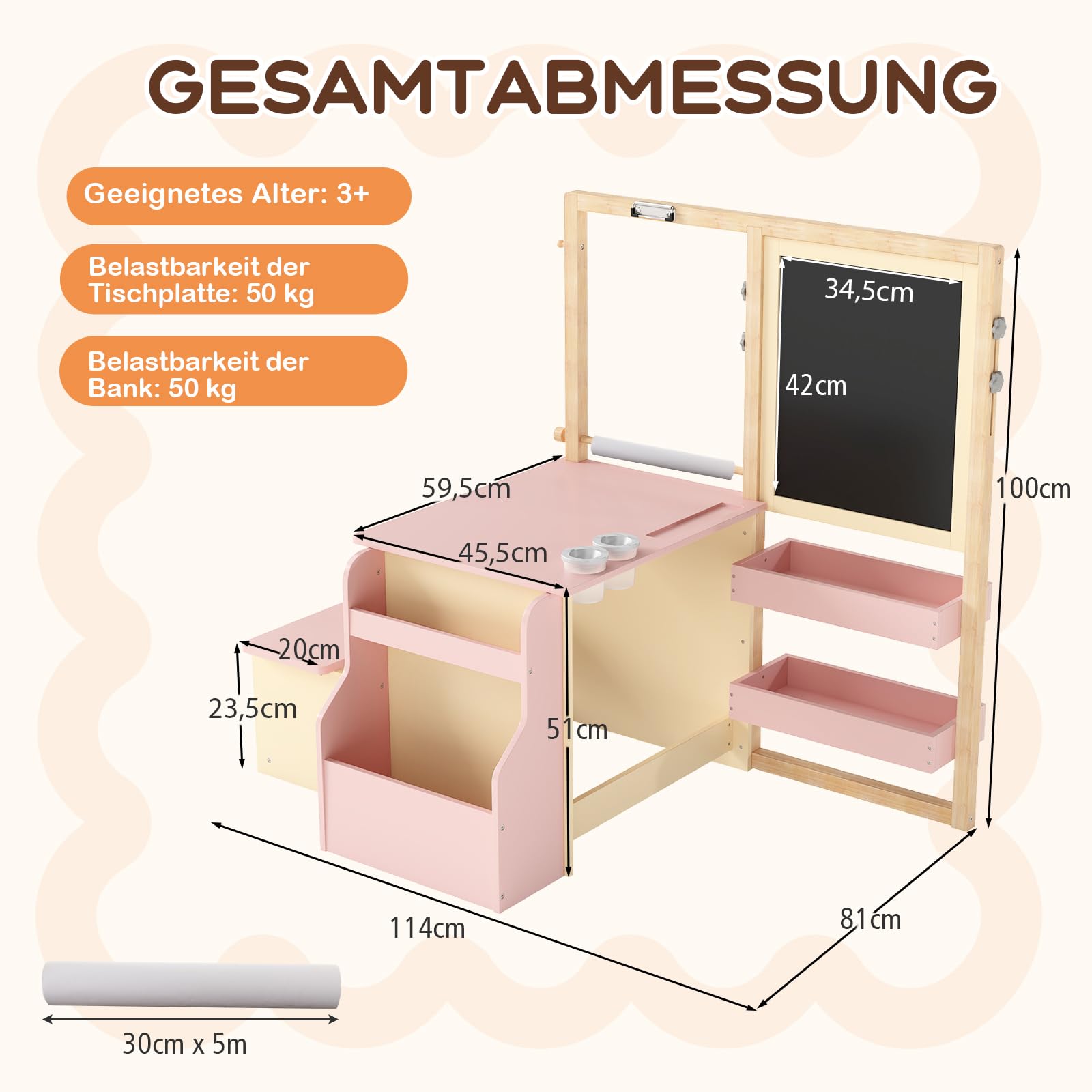 COSTWAY 6 in 1 Kinder Staffelei Set, Standtafel aus Holz mit doppelseitiger Kreidetafel & Whiteboard & Papierrolle, Kindertafel höhenverstellbar mit Bank, Ablagen für Kinder ab 3 Jahren (Rosa)