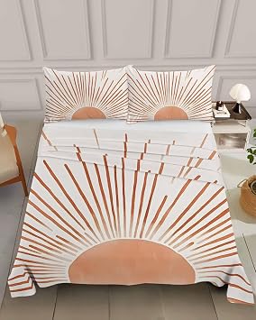 Bedding Flat Sheet - Hotel Quality King Top Sheet - Abstract Sun Modern Line Art Soft Breathable Microfiber Fabric Bed Top Sheet 1 Flat Sheet Only, Geometric Orange Stripe Circle