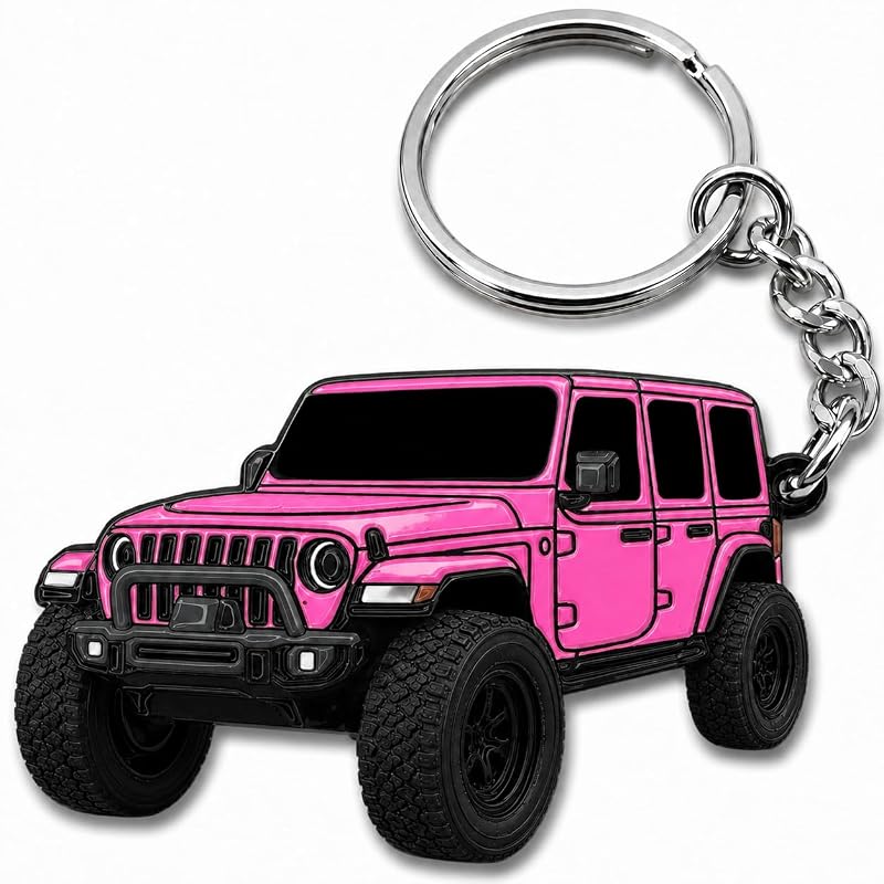 Chaveiro Jeep Wrangler Rubicon em metal com acabamento esmaltado rosa FOUR WHEEL BEAST