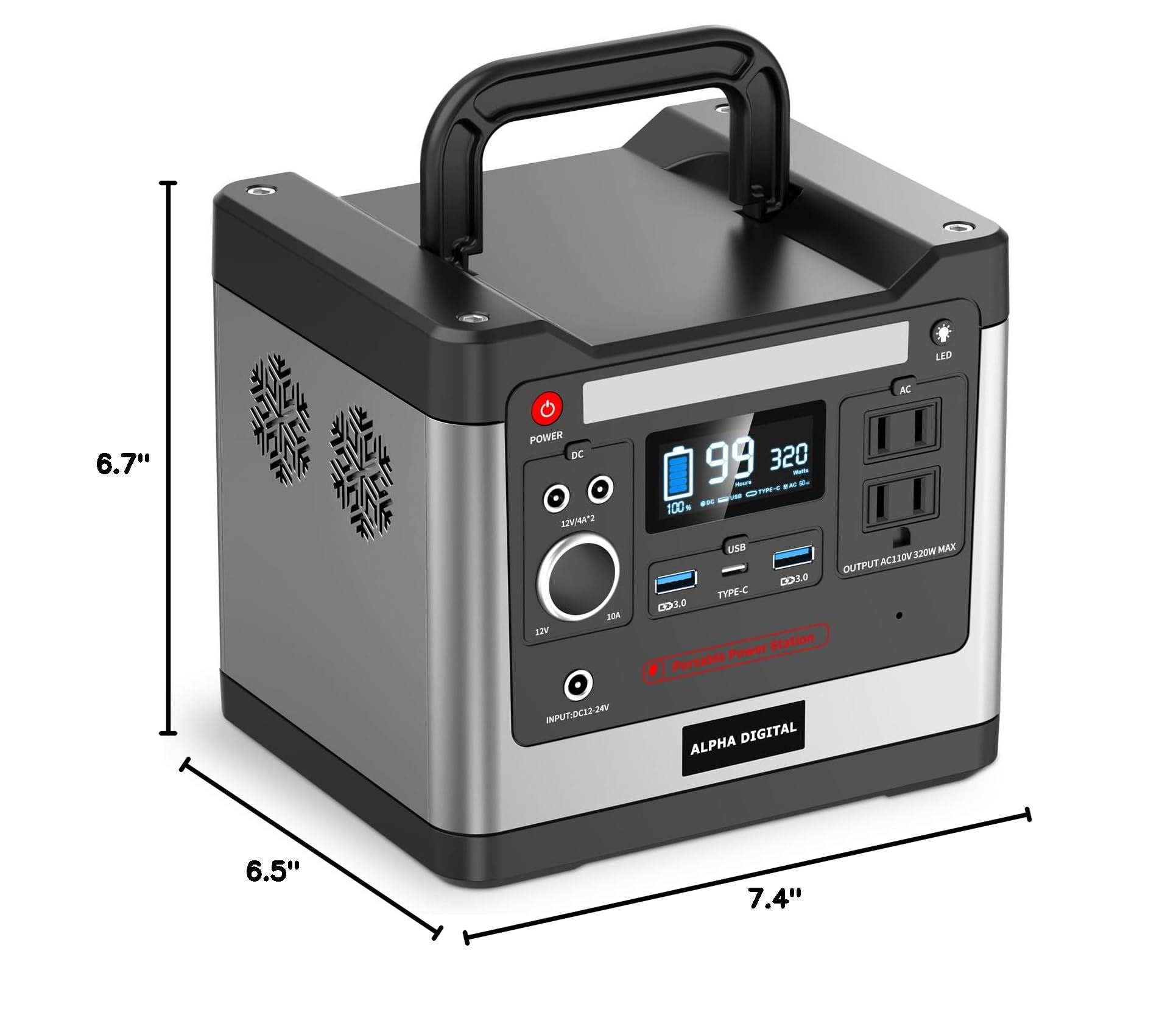 Dimensions of the Alpha Digital 320W Portable Power Station: 7.4 inches L x 6.5 inches W x 6.7 inches H.