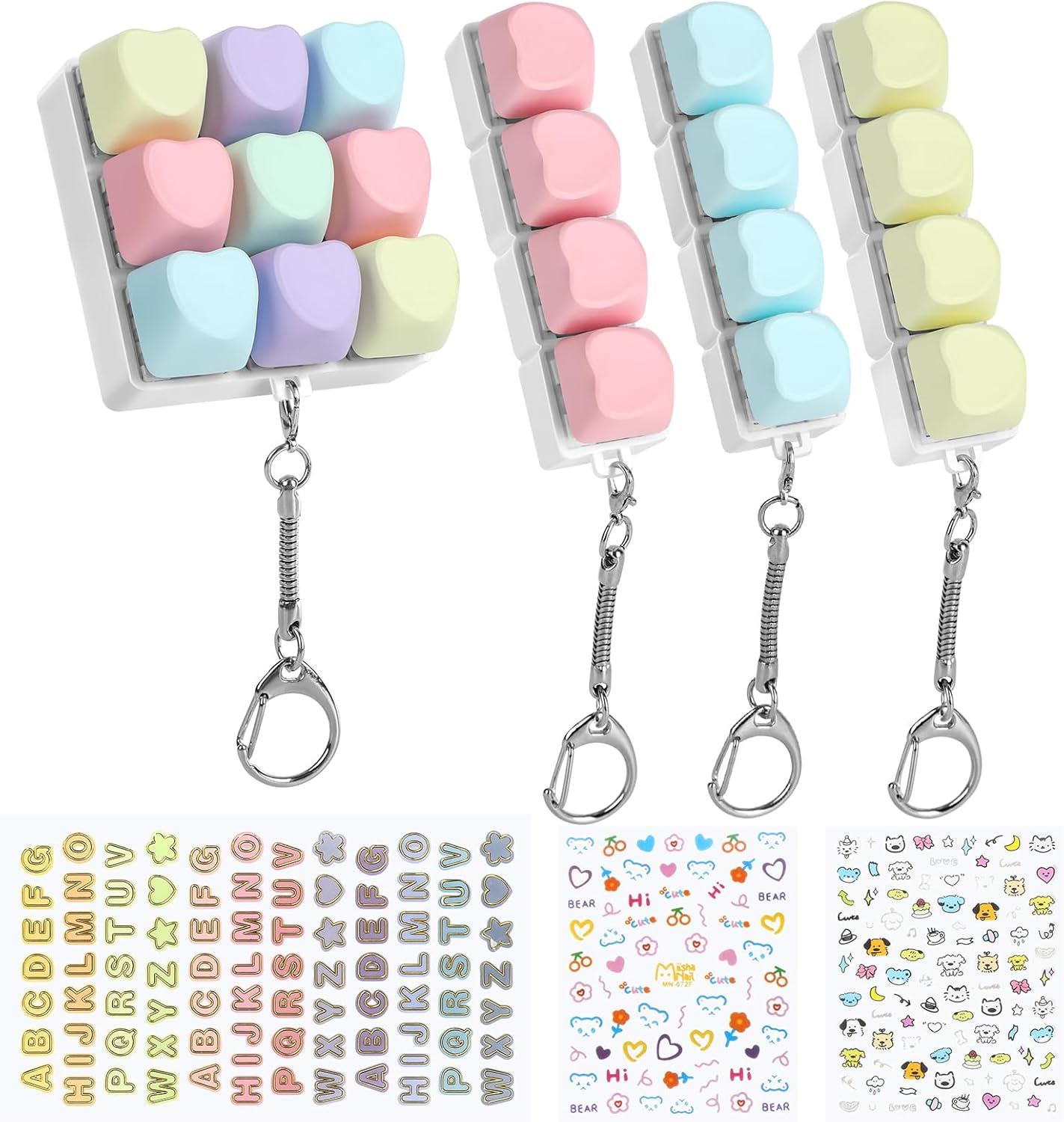 4 Pack Keyboard Fidget Toy with Sticker,Keyboard Fidget Keychain 9-in-1 and 4-in-1 Combination Keyboard Decompression Button Finger Clicker Toys, Button Stress Relief Fidget Gifts to Relief Stress