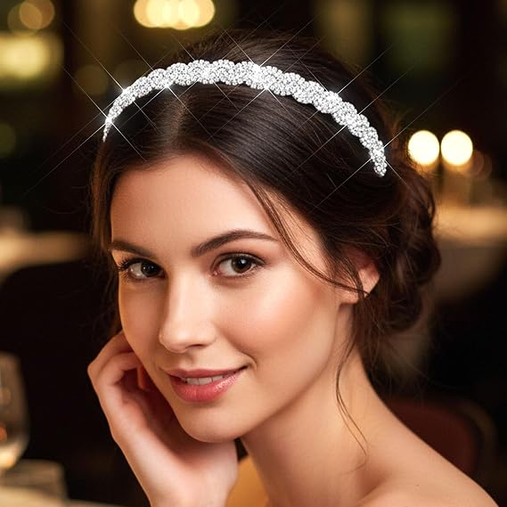 Fstrend Elastic Rhinestone Headbands, Carnival Rave Hair Accessories, Sparkly Crystal Braid Headpiece for Women (Silver A, M)