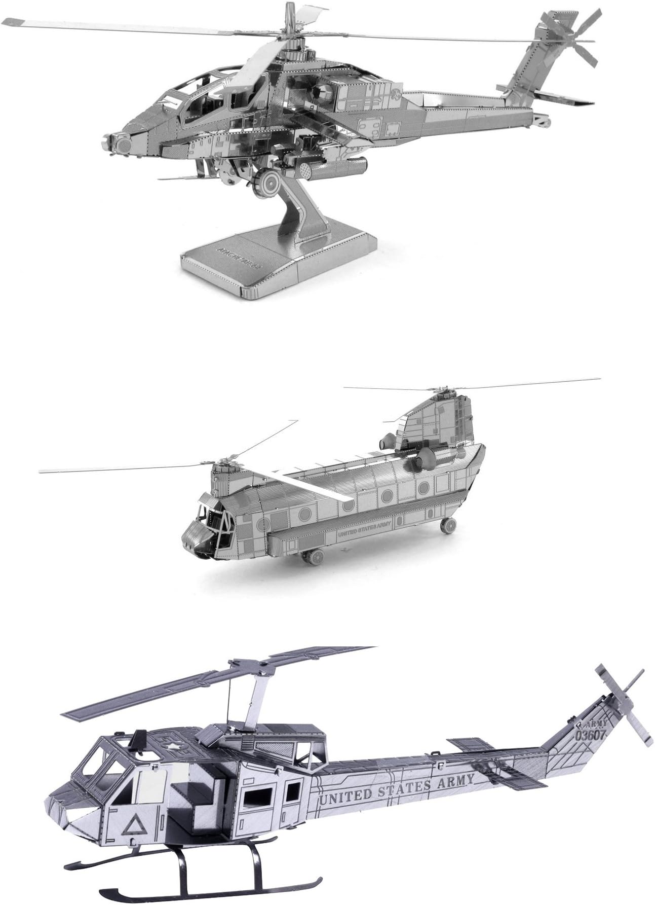 fascinationsSet of 3 Metal Earth 3D Laser Cut Helicopter Models: AH-64 Apache - CH-47 Chinook - UH-1 Huey