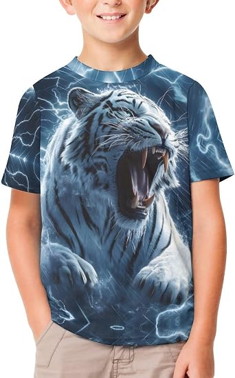 Boys Lightning Tiger Short Sleeve T-Shirt Kids Cool Animal Realistic Graphic Printed Tees