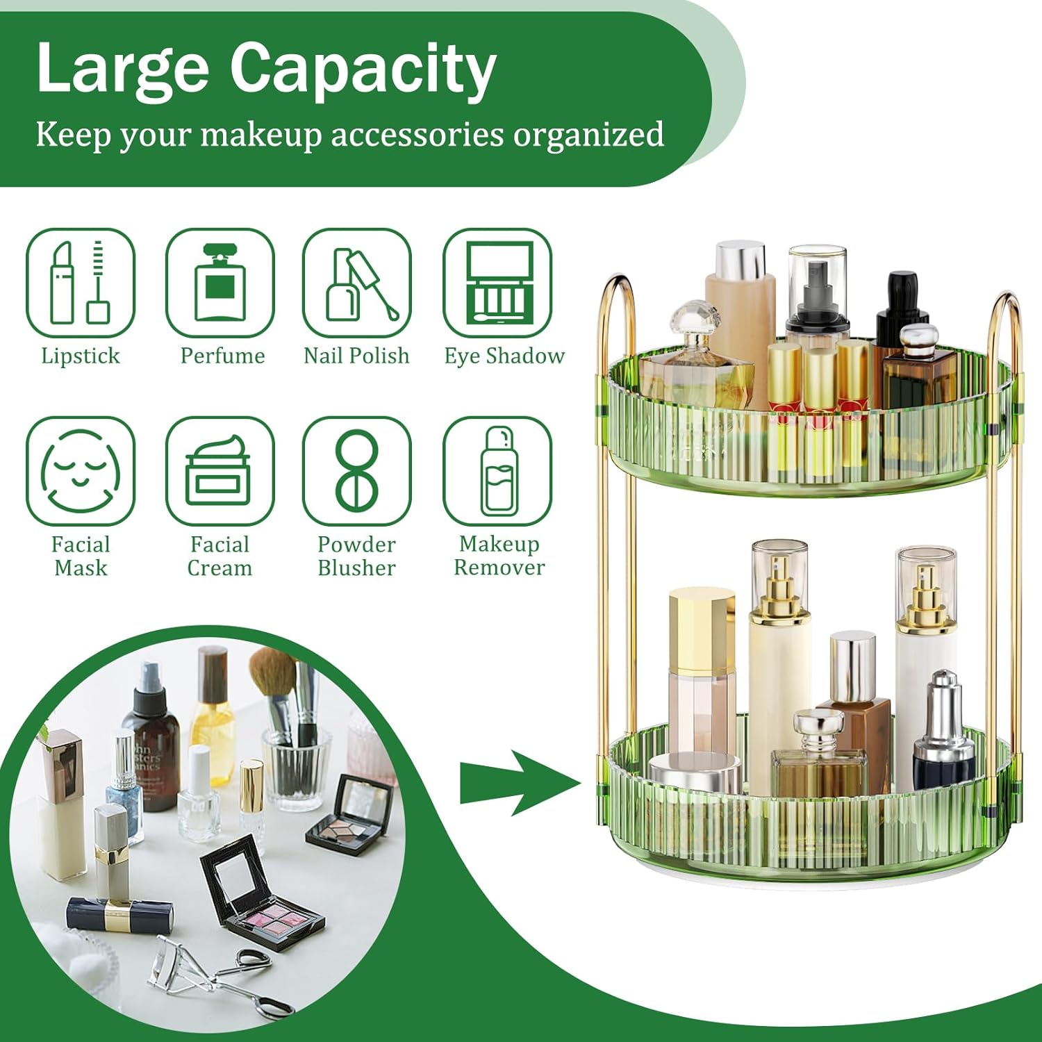 MOKANI 360 Rotating Makeup Organizer for Vanity, 2 Tier Adjustable Perfume Organizer for Dresser, Multi-Function Spinning Cosmetics Skincare Storage for Bedroom, Dresser, Countertop, Green - Image 3
