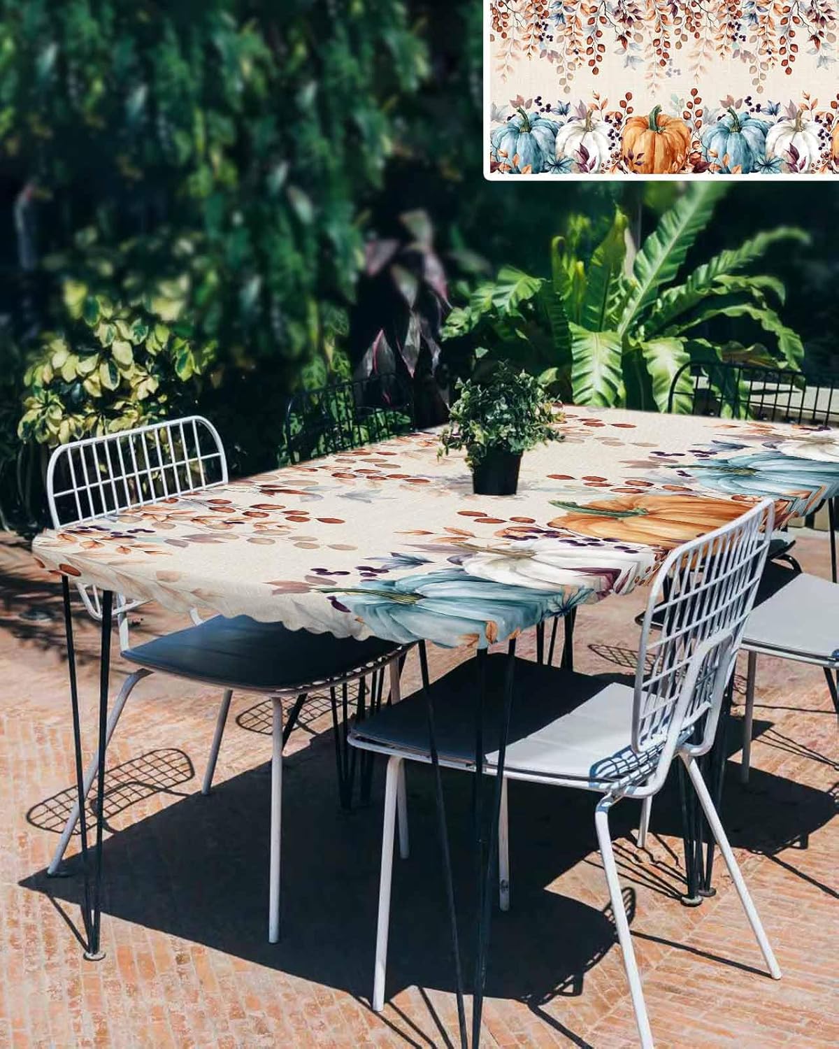 Fall Fitted Tablecloth for 6 ft Table,Eucalyptus Thanksgiving Watercolor Pumpkin Fitted Elastic Edge Table Cover for Rectangle Tables,Farm Harvest Retro Linen Waterproof Tablecloths for Kitchen